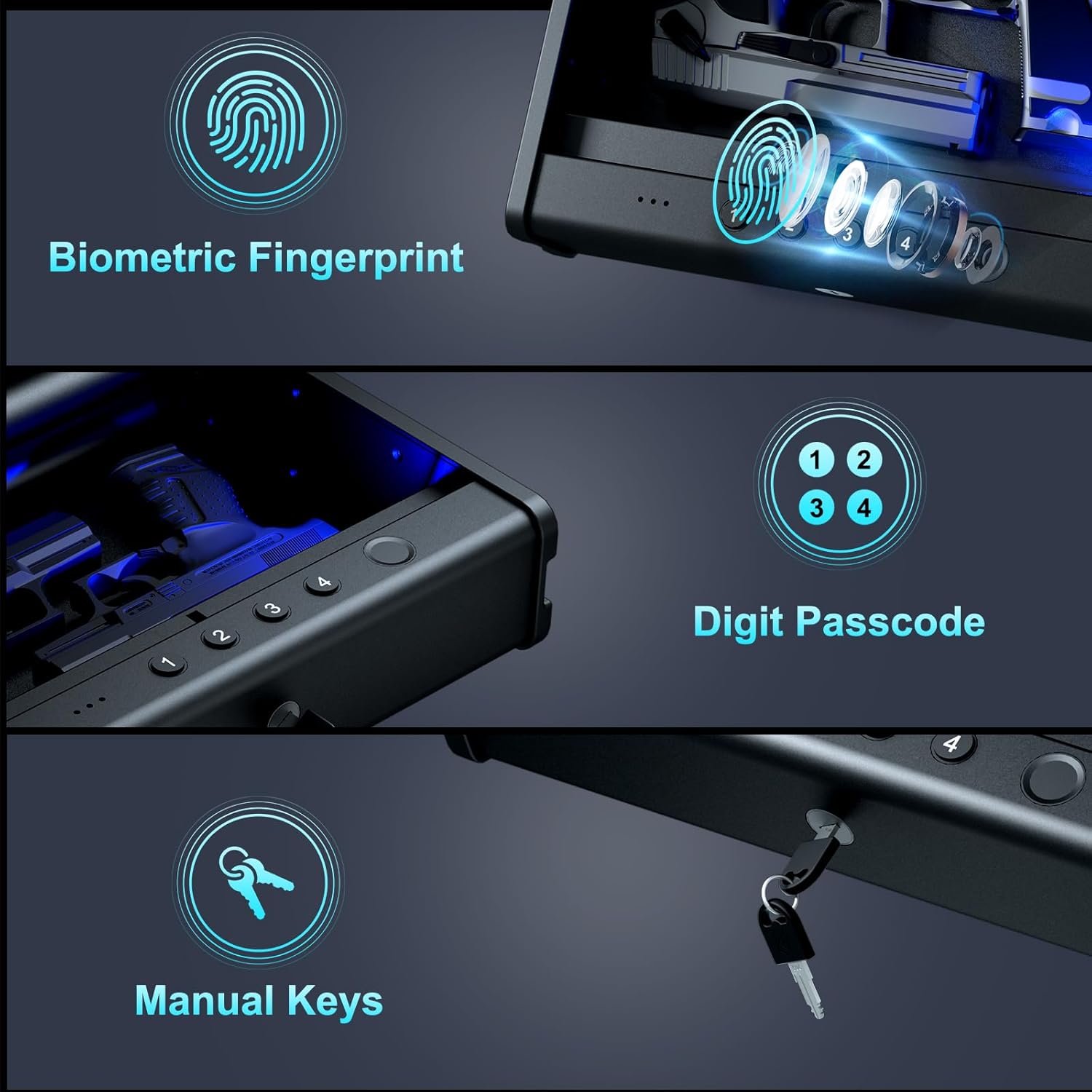 Caja fuerte biométrica para armas de fuego, caja fuerte biométrica para pistola, caja fuerte para pistolas con huella digital, 3 cajas de bloqueo de