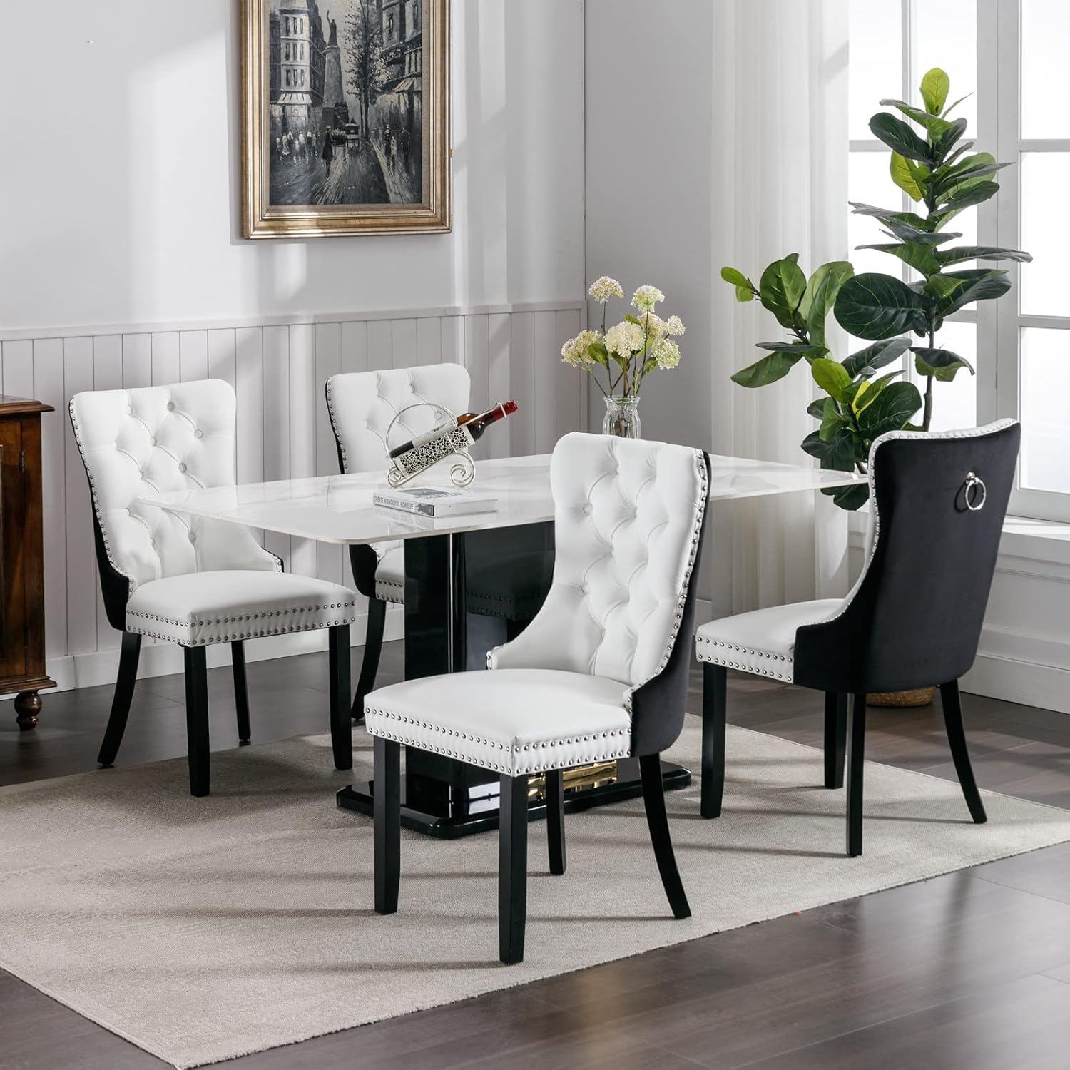 LZ LEISURE ZONE Juego de 2 sillas de comedor, sillas decorativas tapizadas con patas de madera maciza, ribete de cabeza de clavo, diseño de anillo
