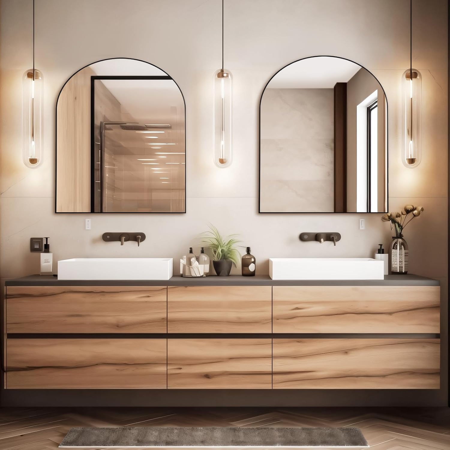 Mirrorons Espejo de baño arqueado de 33 x 31 pulgadas, espejo de pared moderno negro con marco de metal, espejo de tocador de baño con parte