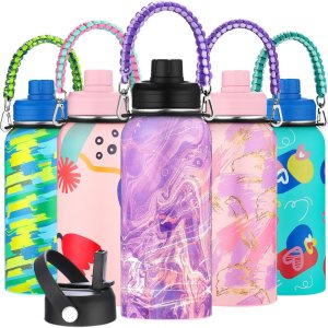 WEREWOLVES Botella de agua aislada personalizada con tapa de popote con mango de paracaídas y tapa de boquilla, botella de agua de boca ancha de WEREWOLVES Botella de agua aislada personalizada con tapa de popote con mango de paracaídas y tapa de boquilla, botella de agua de boca ancha de