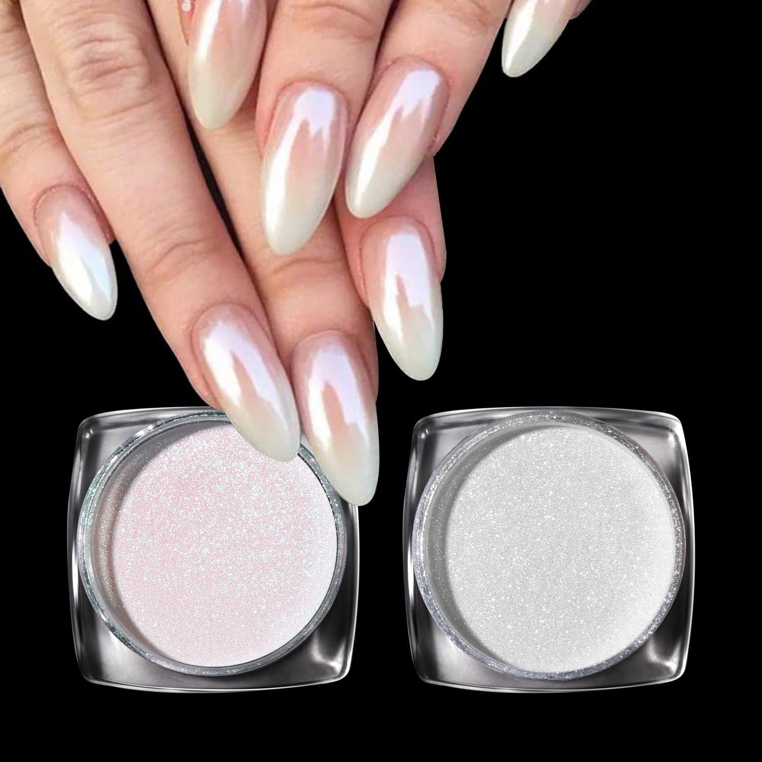 PrettyDiva – Polvo de uñas de perlas  2 colores de polvo de uñas cromado transparente Aurora Cromo polvo de uñas cromado, polvo de brillo