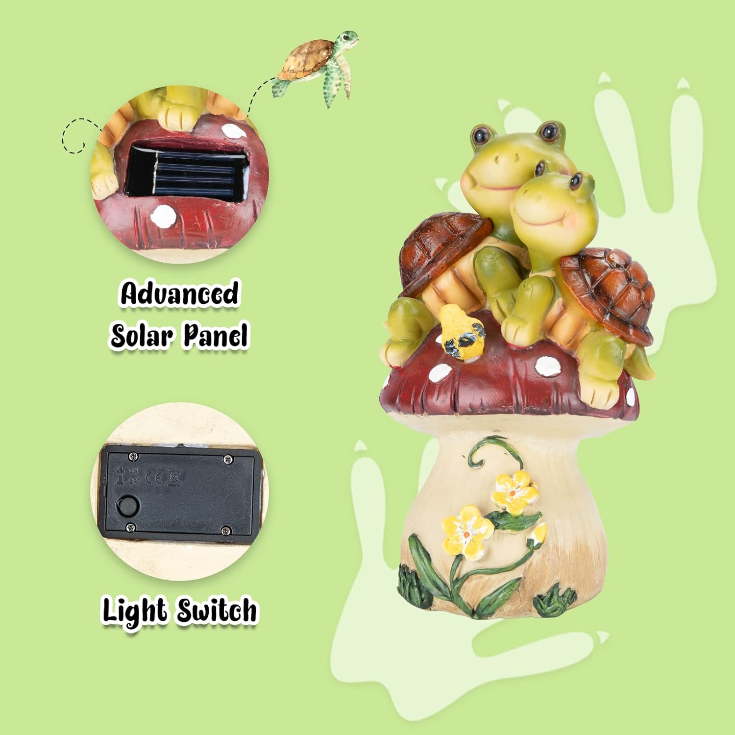 Ovewios Estatuas de jardín, tortugas para decoración al aire libre, figuras de tortugas de resina, esculturas con luz solar, encantadora tortuga con