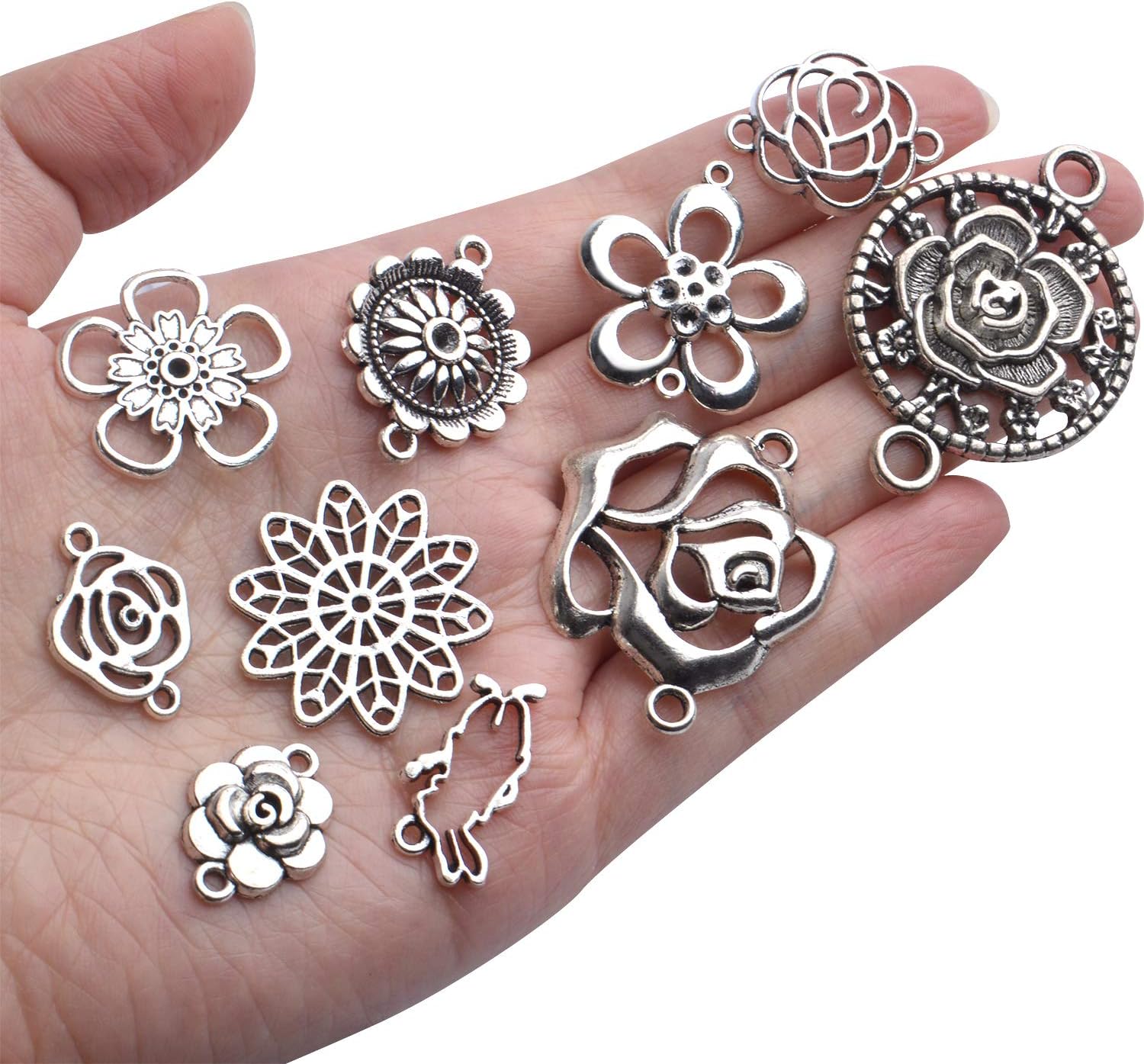 Conectores de joyería de flores, 3.53 oz de plata antigua, conectores tibetanos, dijes de flores de filigrana, suministros de manualidades para