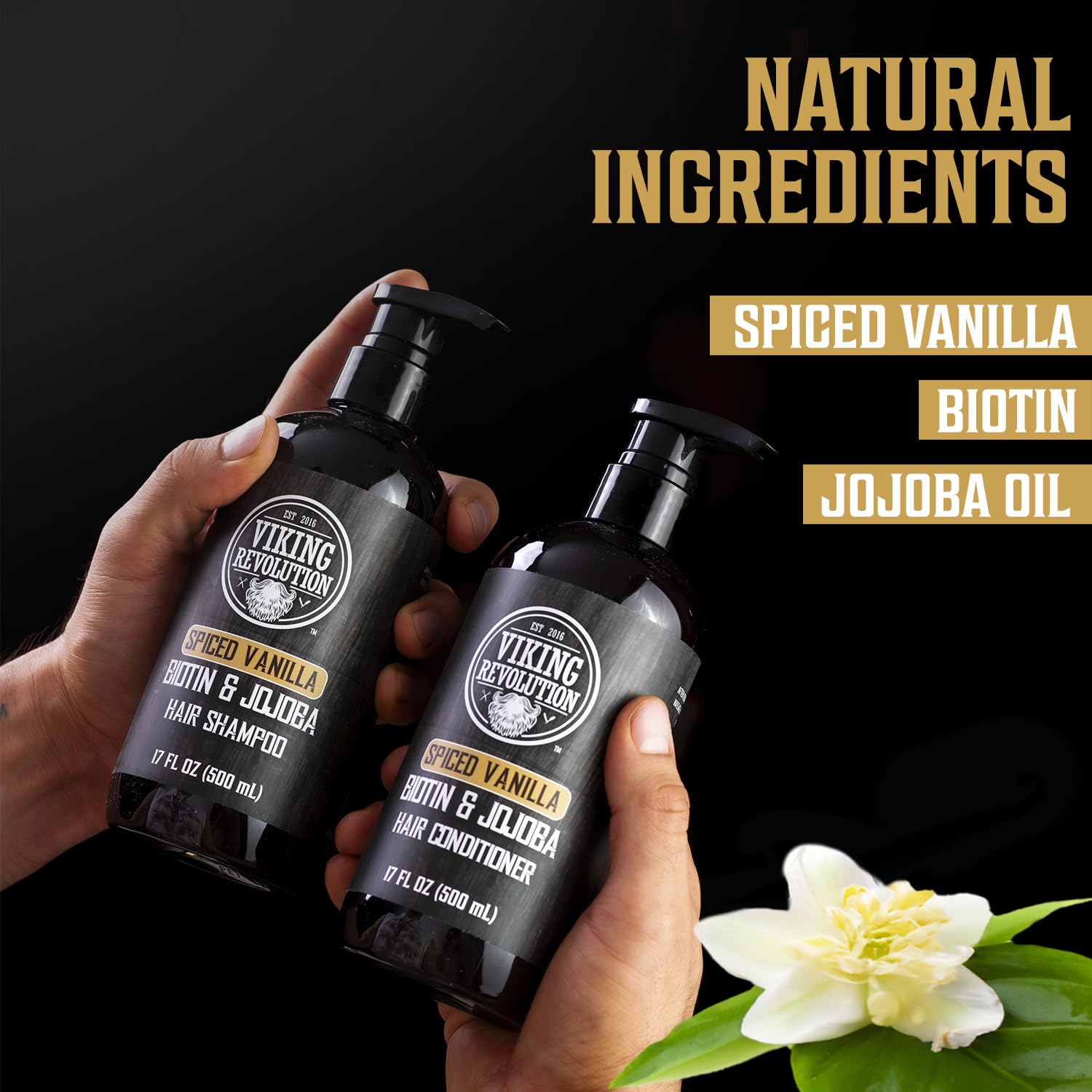 Viking Revolution Spiced Vanilla – Juego de champú y acondicionador para hombre con biotina y aceite de jojoba, champú natural para el cabello y