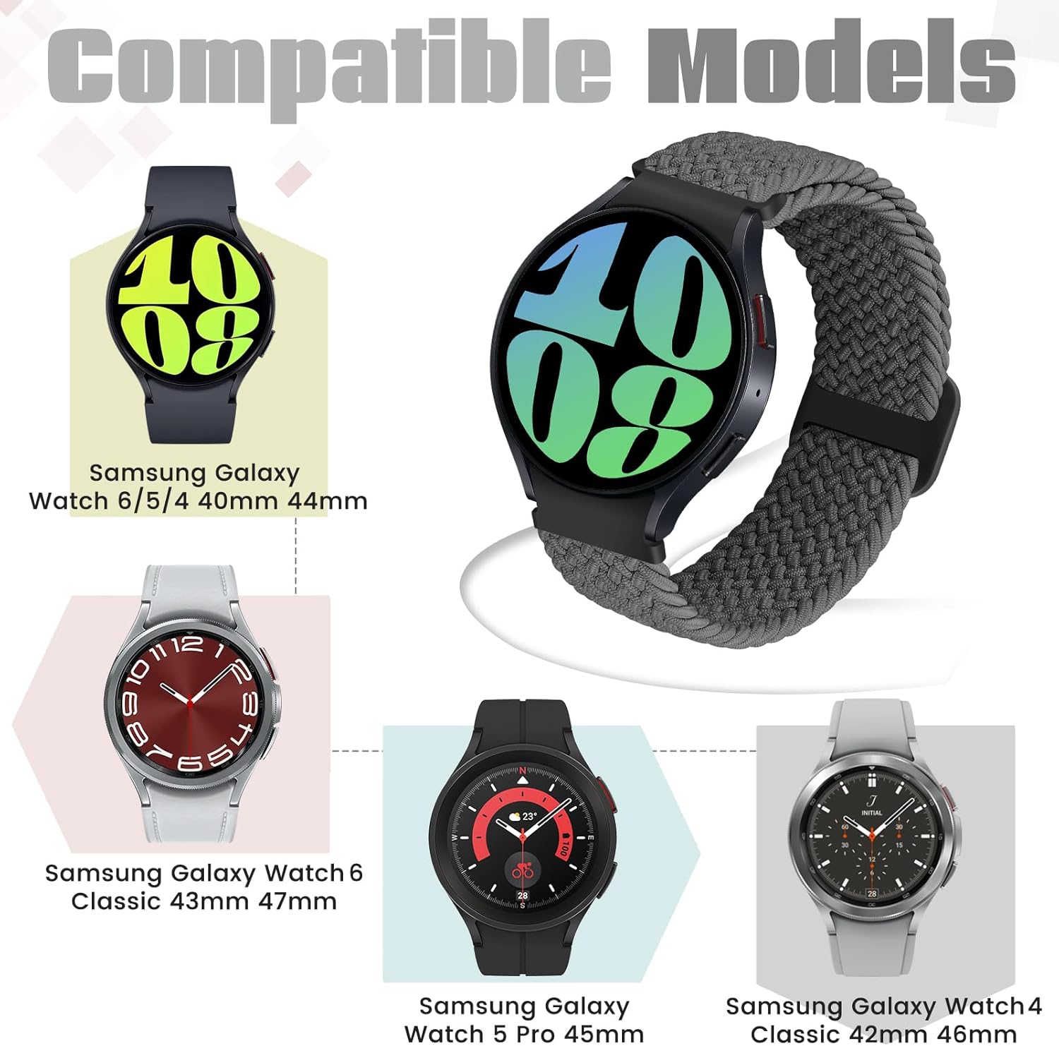 Correas trenzadas compatibles con Samsung Galaxy Watch 654 de 1.575 pulgadas, 1.732 pulgadas, Watch 6 Classic de 1.654 pulgadas, 1.732 pulgadas,