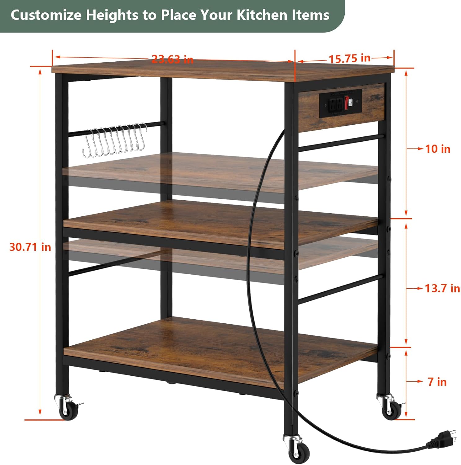 Estante para panaderos con toma de corriente para cocina, soporte para microondas, 3 niveles, mesa de café, estante de almacenamiento de cocina con