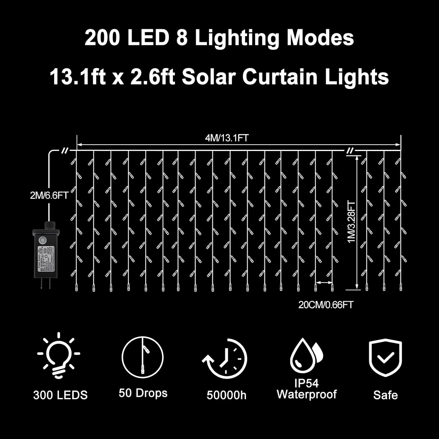 200 luces LED para cortina, 13 x 3.3 pies, enchufable, 8 modos de iluminación, para colgar en la ventana, para exteriores, dormitorio, fiesta,