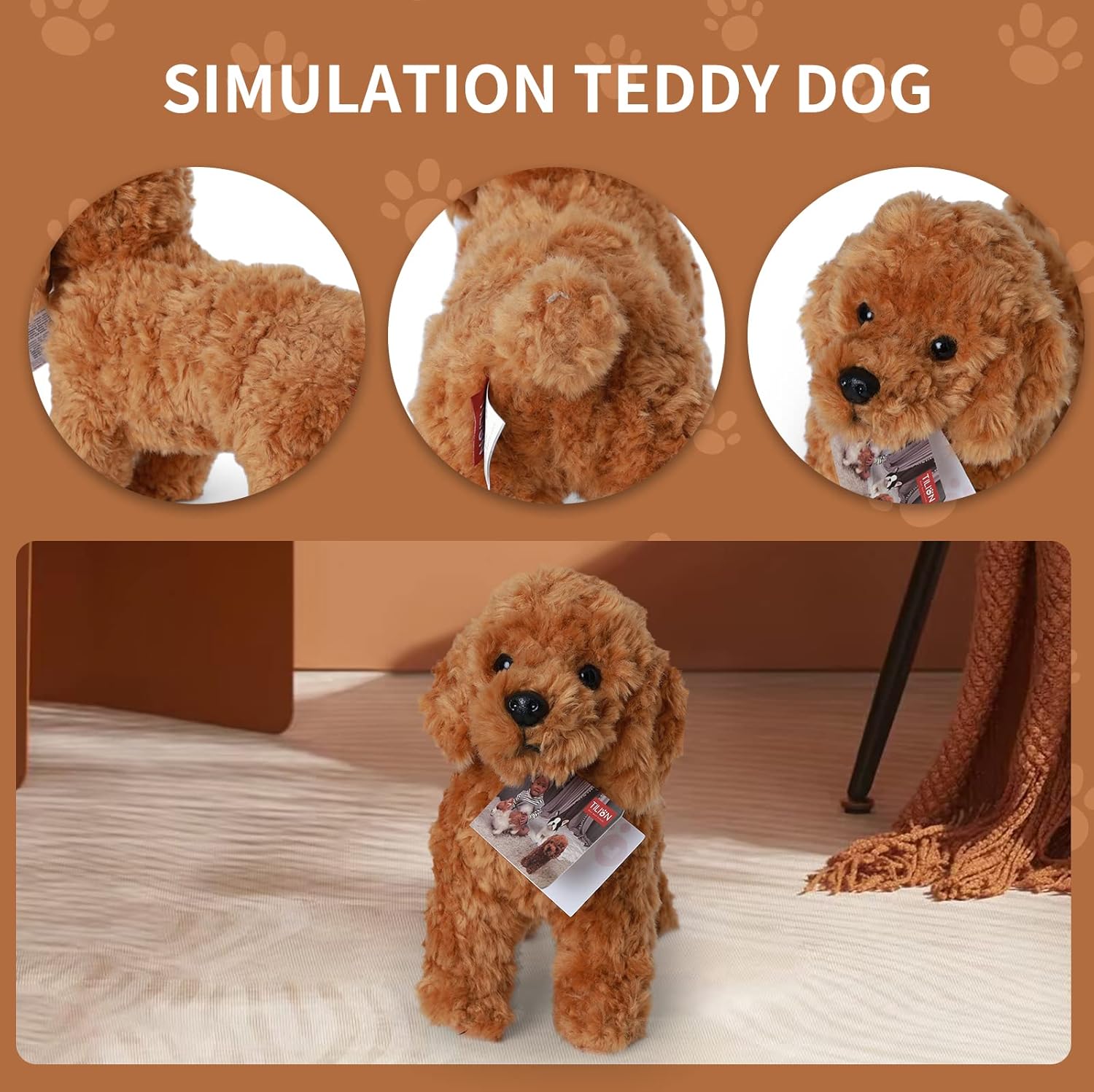 Tilion Cachorro de peluche de peluche, regalos para niños, juguete de peluche marrón caramelo, caniche marrón dorado, 12.5 pulgadas