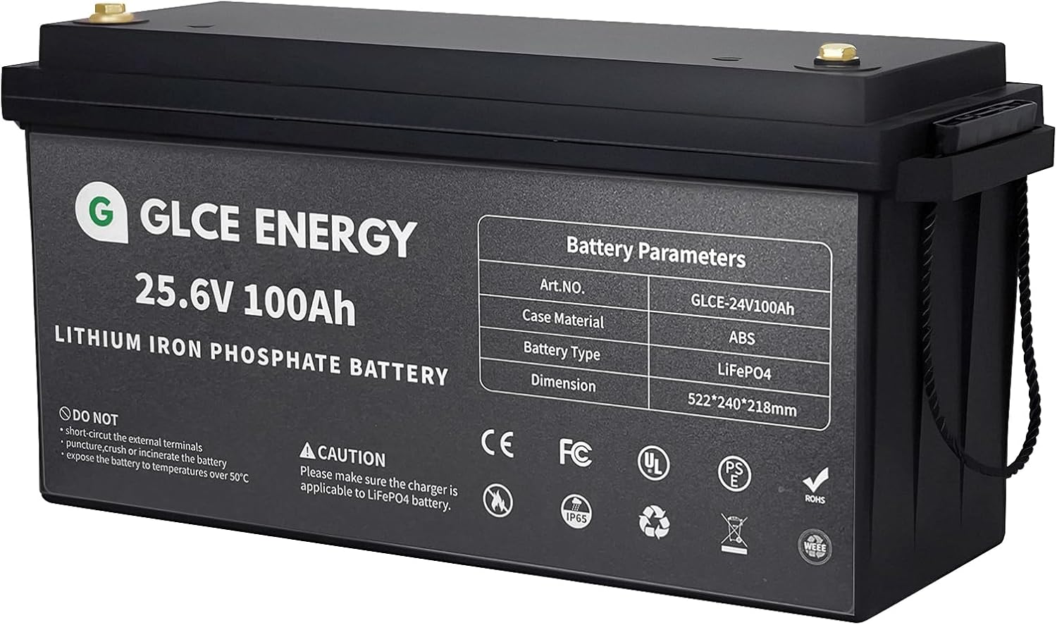 GLCE ENERGY Batería de litio LiFePO4 de 24 V 100 Ah, BMS de 100 A, vida útil de 10 años con batería recargable de más de 10000 ciclos profundos para