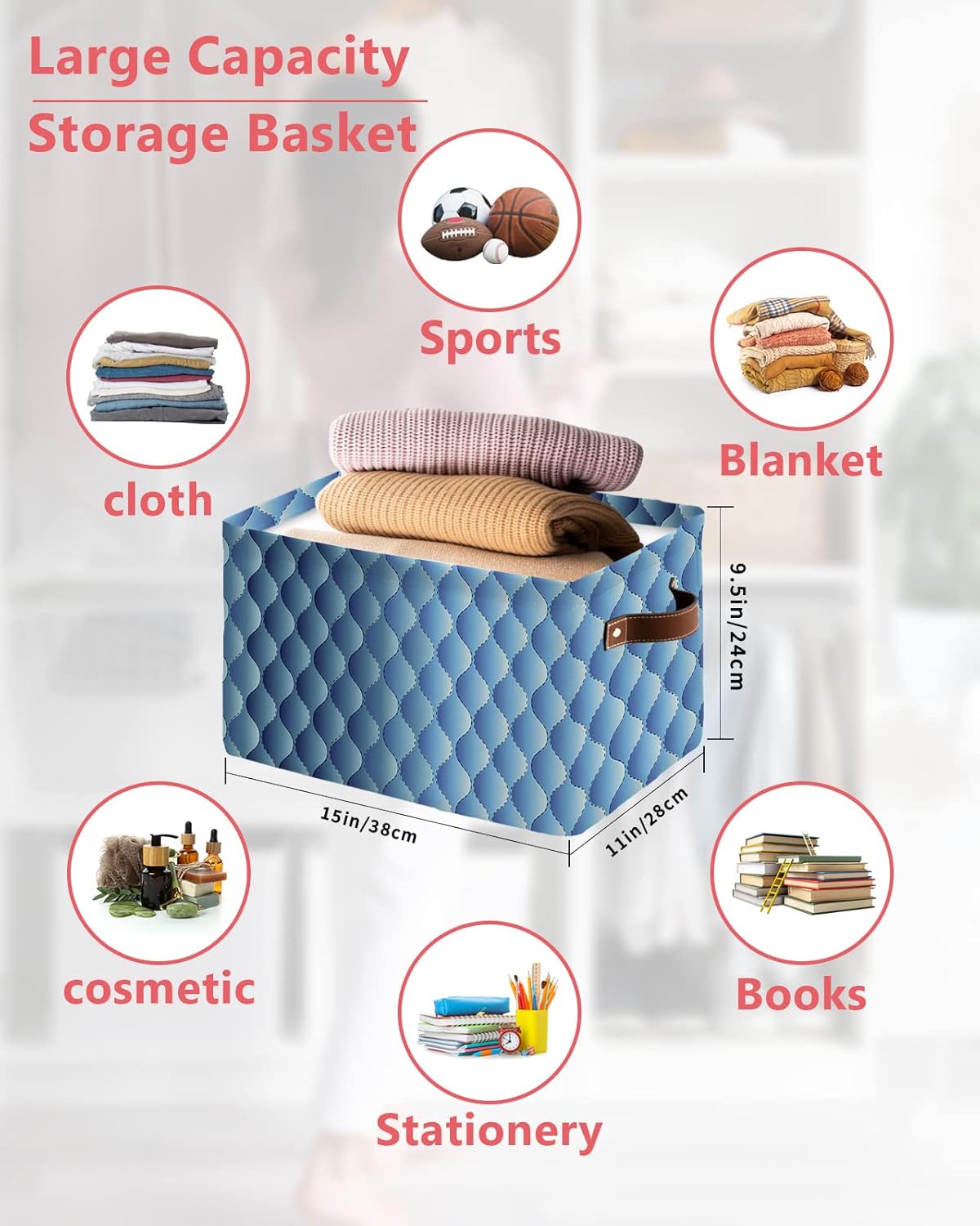 Gradient Blue Large Storage Baskets Bins Modern Geometric Minimalist Fish Scale Lattice Collapsible Storage Box Laundry Organizer for Closet Shelf