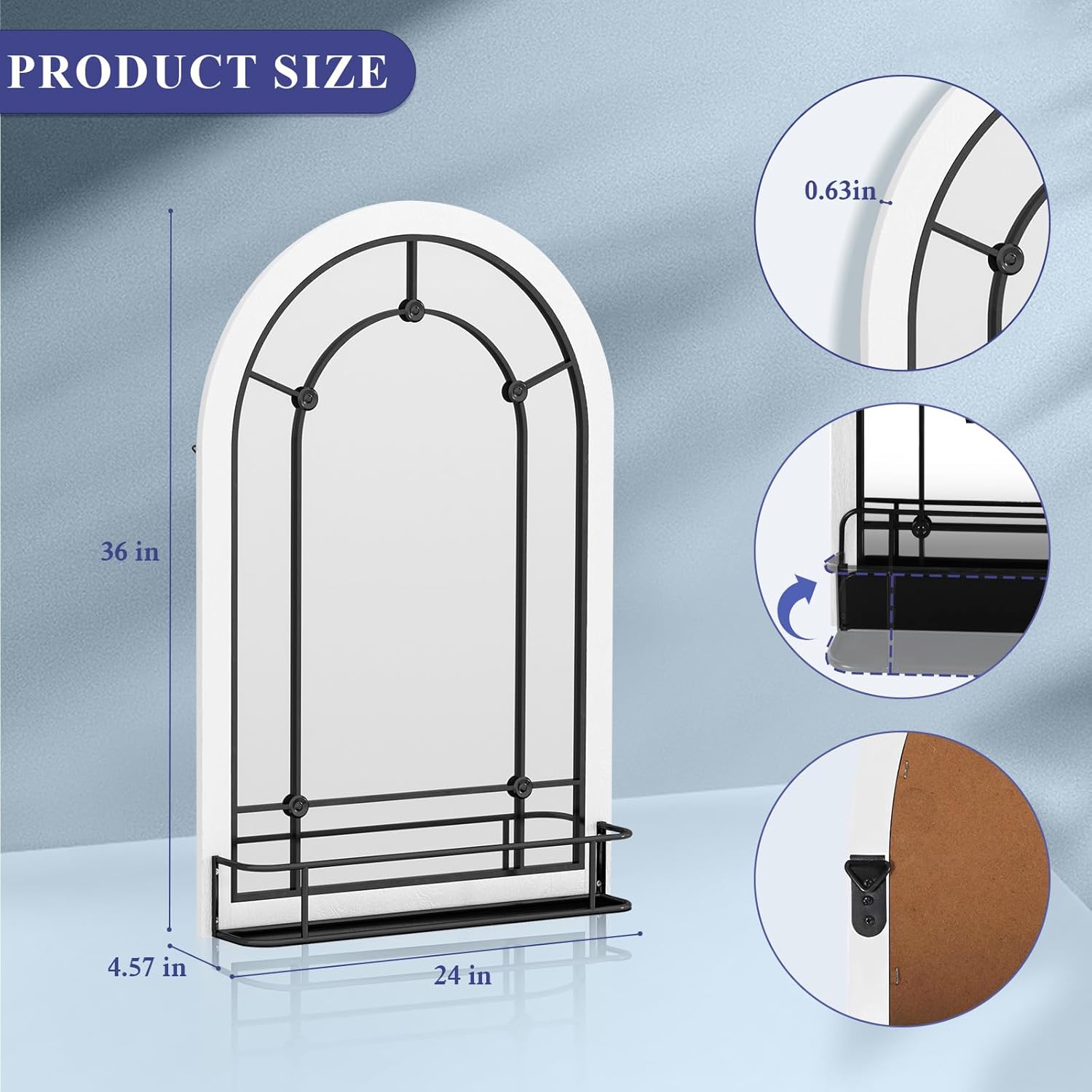 AZODY Espejo de pared de ventana arqueada con estante, espejo de entrada colgante blanco de 36 x 24 pulgadas, espejos decorativos para decoración de