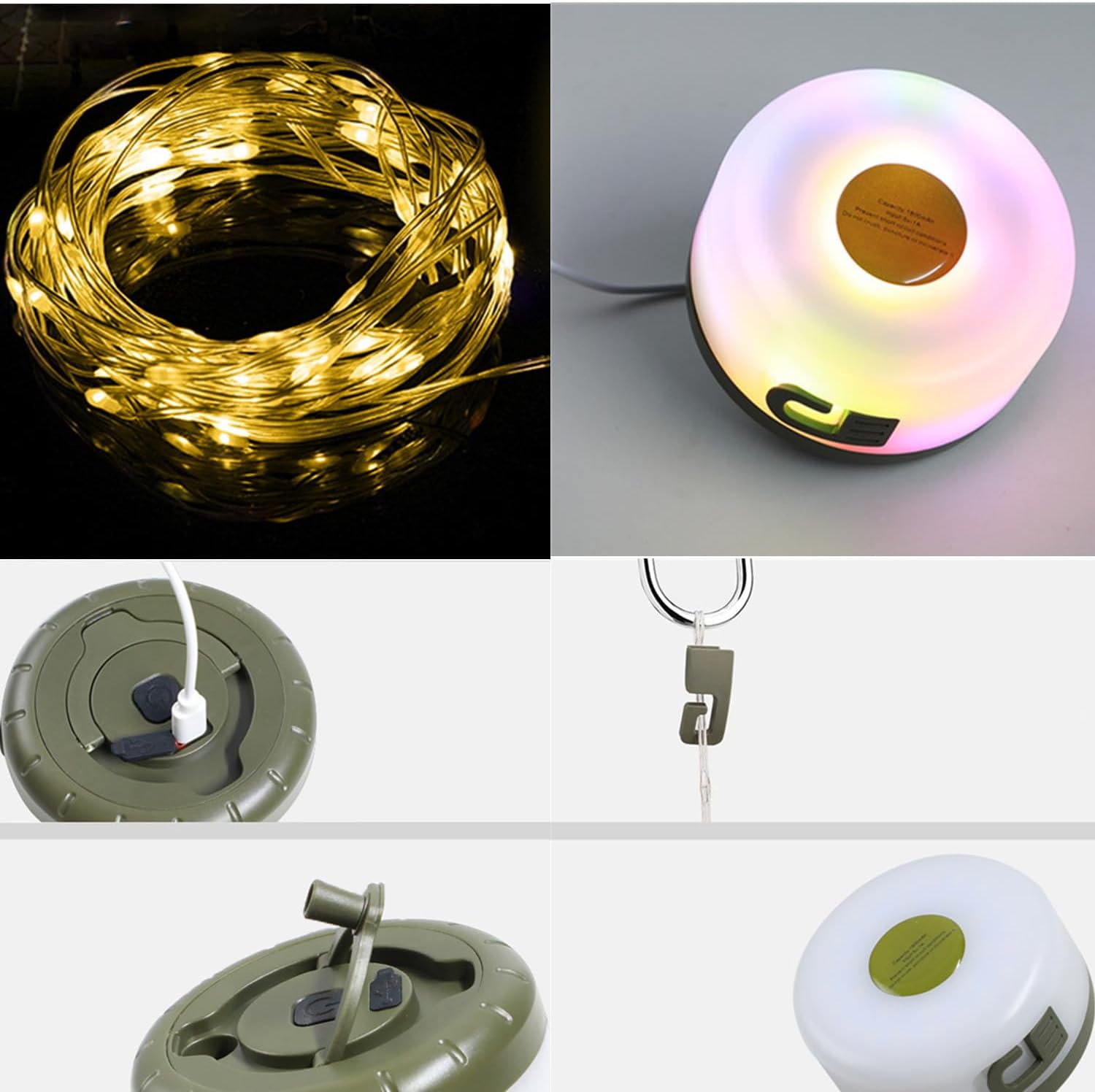 goldseaside Guirnalda de luces portátiles para campamento, 2 en 1, recargable por USB, luz para exteriores, decoración de vacaciones, jardín, patio,