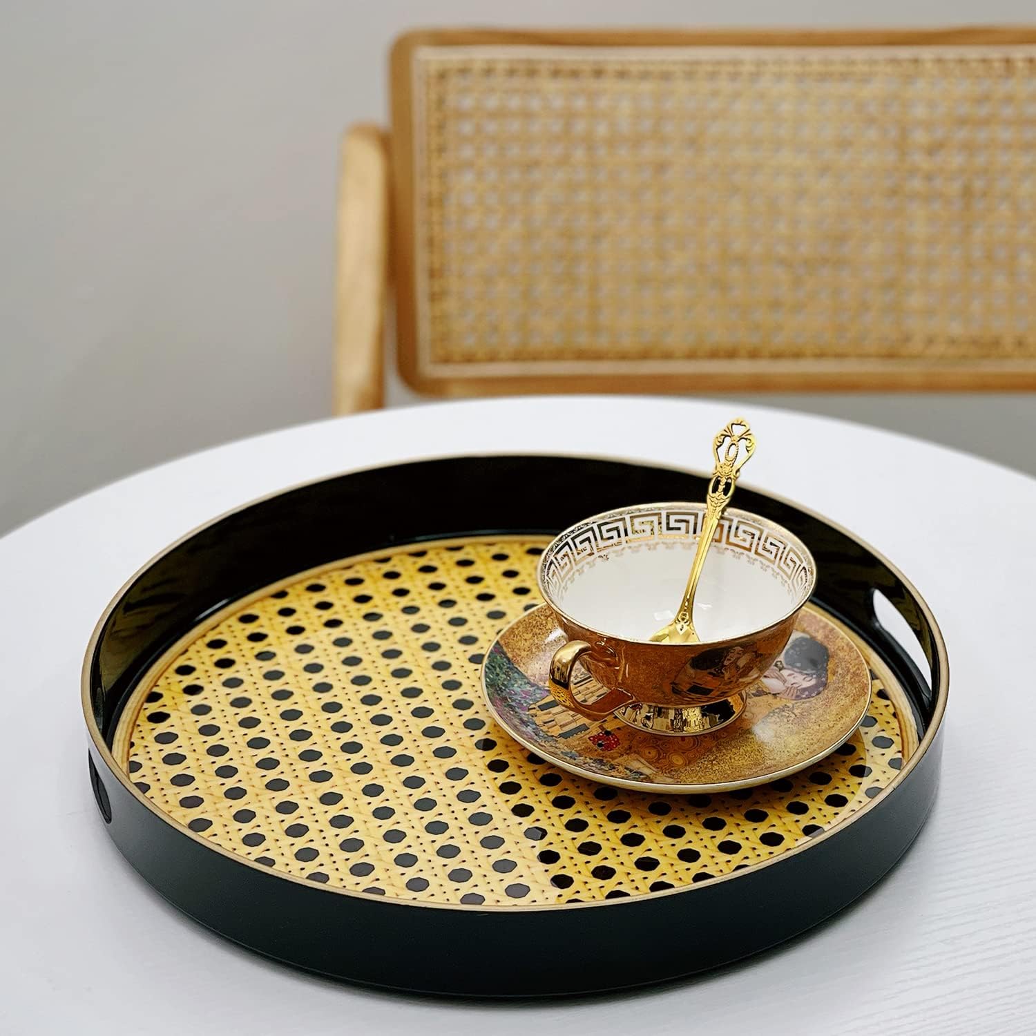 Zosenley Bandeja decorativa redonda, bandeja de plástico marmoleado con asas, moderna bandeja de tocador y bandeja para servir otomana, mesa