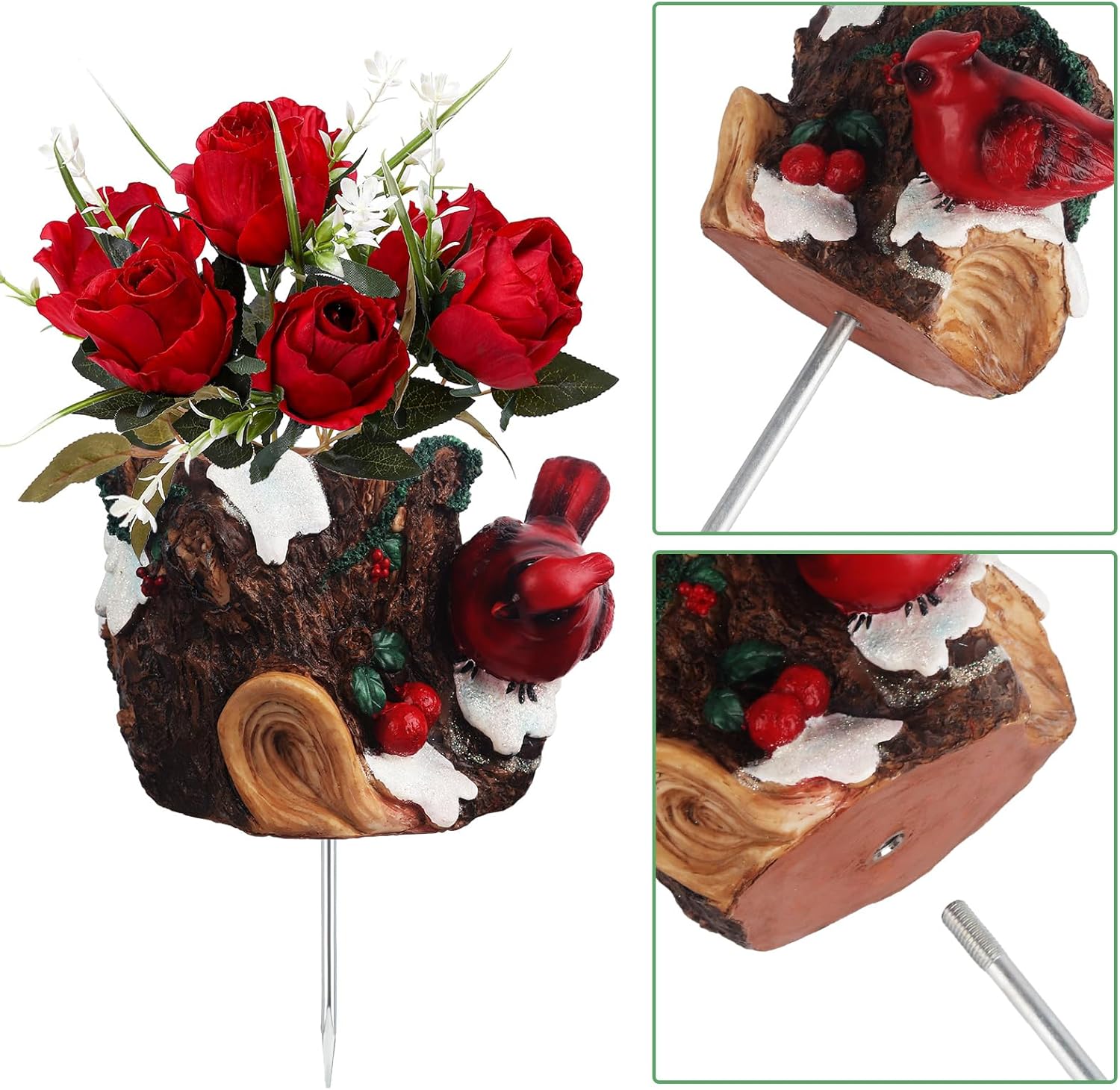 bocola Decoraciones de cementerio para tumba, jarrón de resina con rosa artificial roja de seda para decoración de tumbas, estaca de jardín