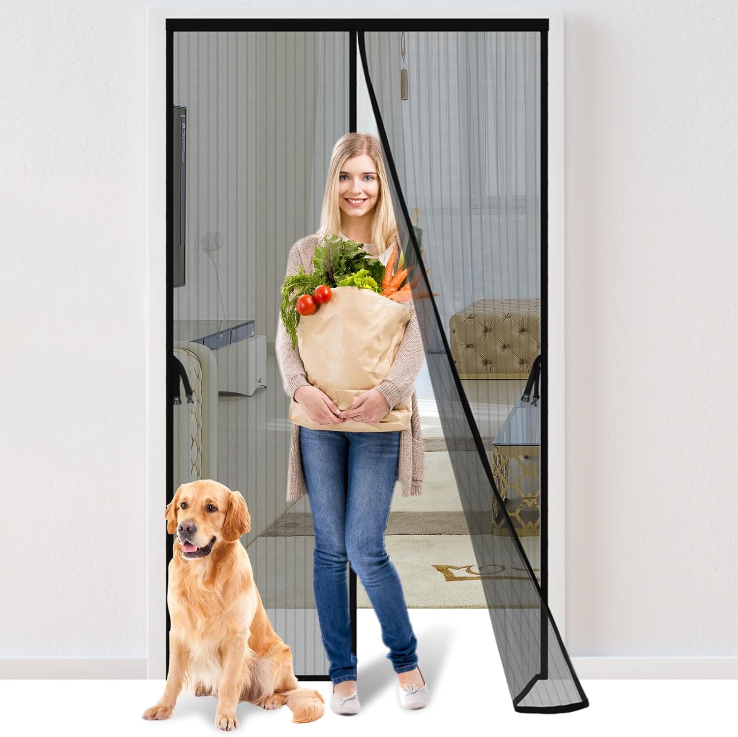 Puerta mosquitera magnética apta para puertas de 36 x 82 pulgadas, tamaño de la pantalla 38 x 83 pulgadas, división de malla manos libres, cortina
