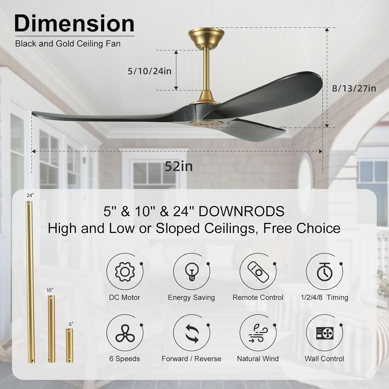 YZEENM 52 Inch Black and Gold Ceiling Fan with Wall Control Switch and Remote Control, Modern Outdoor Ceiling Fans No Lights, 3 Blade Wood Propeller