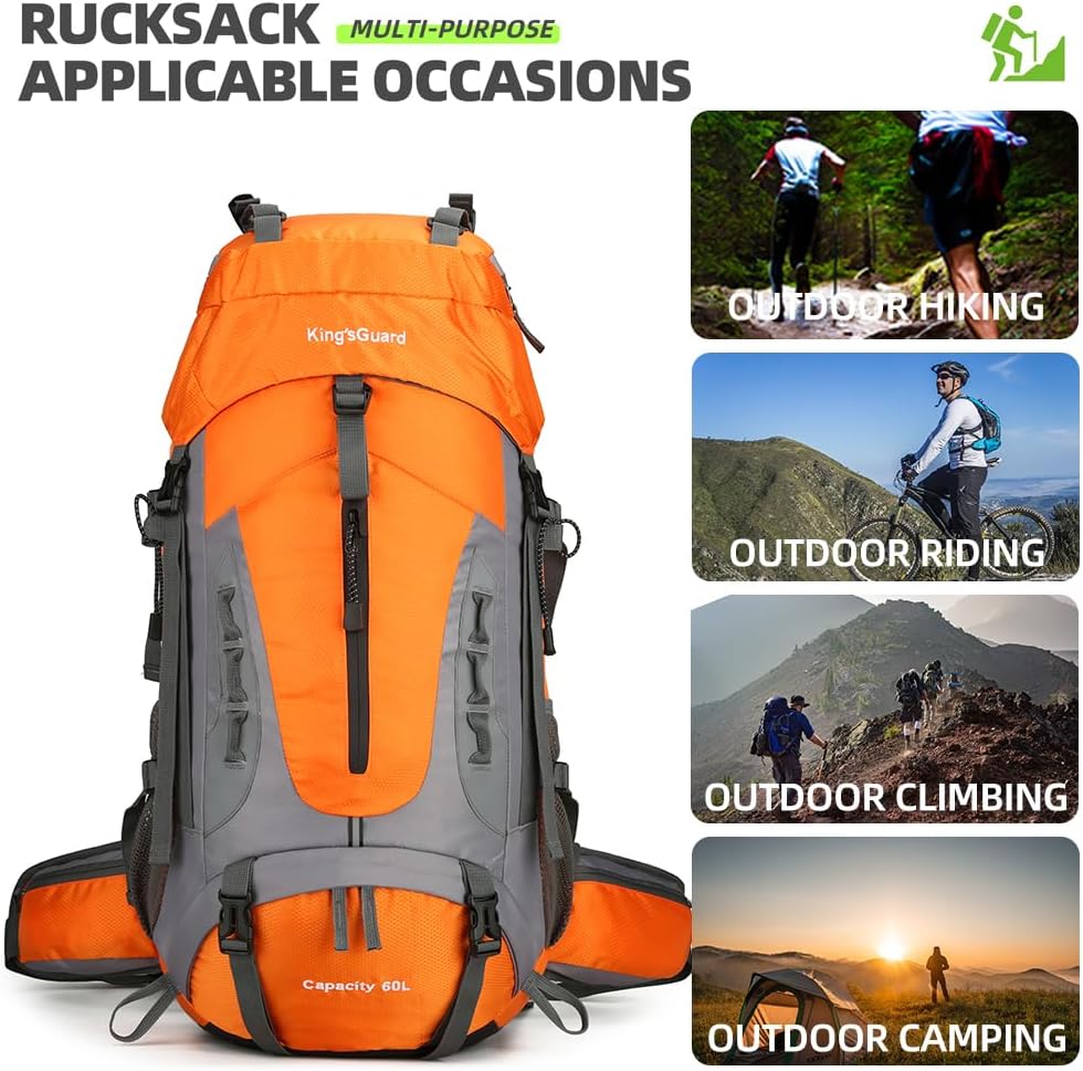 WIYPRQZ Mochila de senderismo ligera impermeable de 60L Mochila deportiva al aire libre con cubierta de lluvia Camping, Naranja, Senderismo