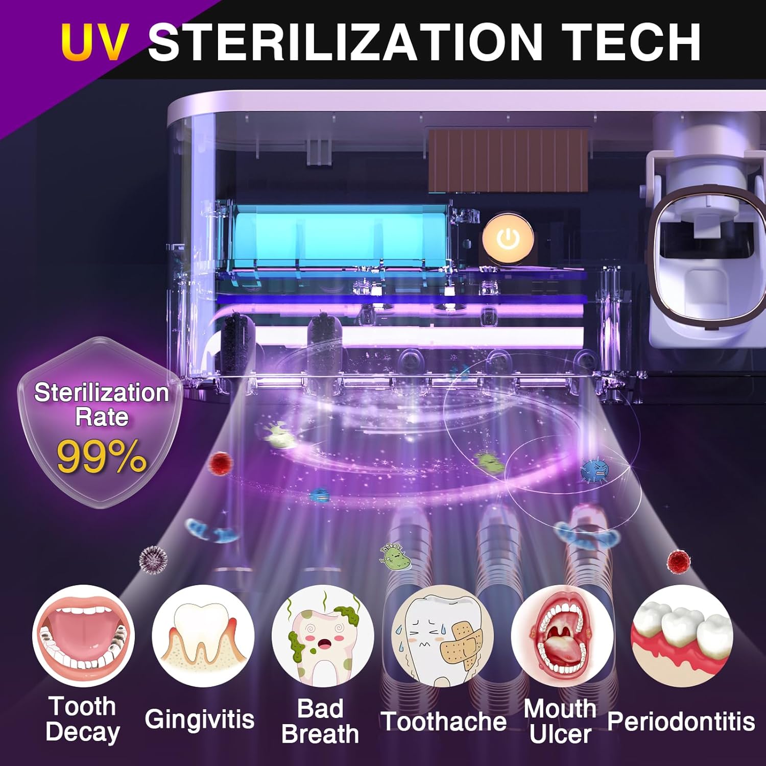 Porta cepillos de dientes para baños con desinfectante de cepillos de dientes UV, soporte para cepillos de dientes montado en la pared con