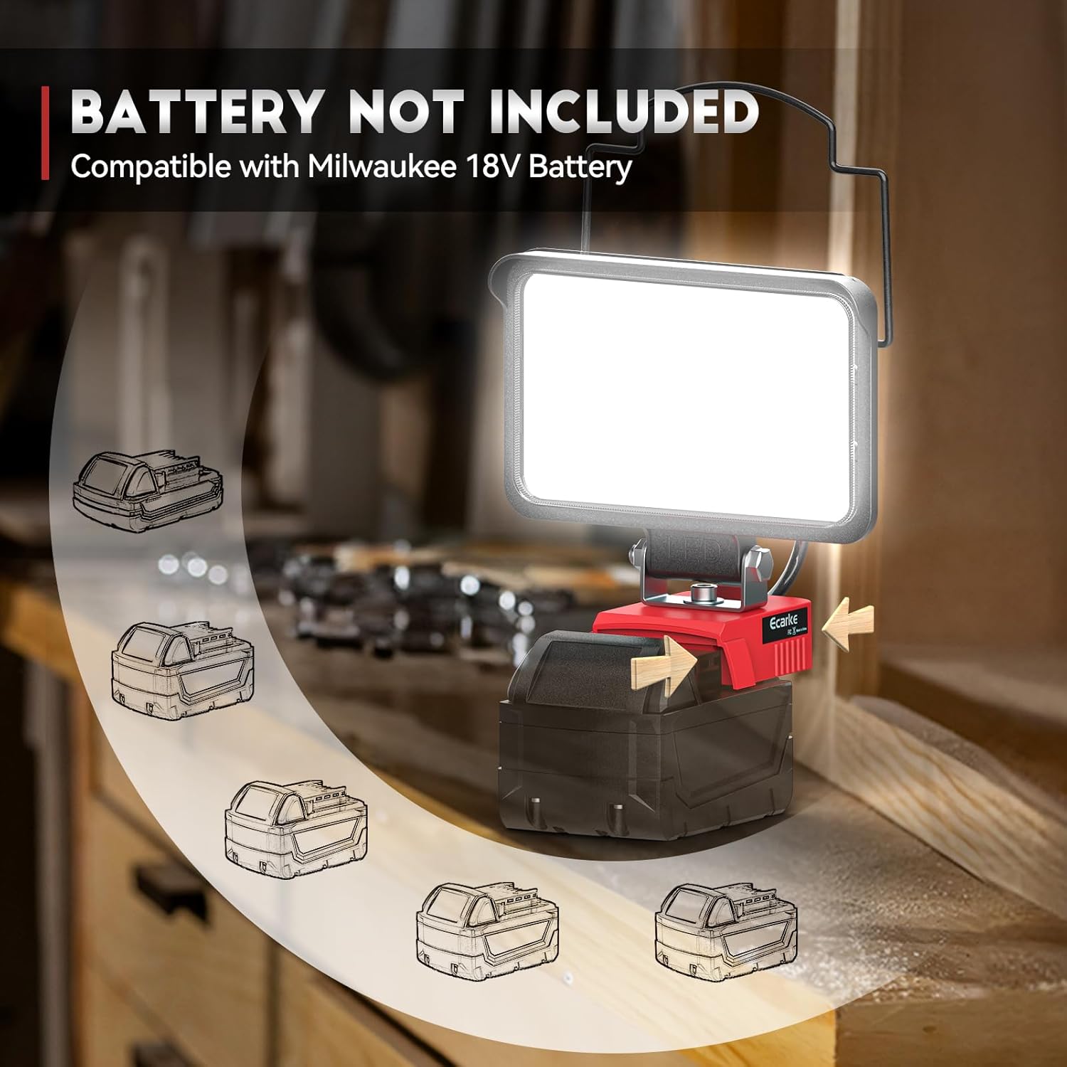Ecarke Luz de trabajo LED portátil para batería Milwaukee m18 de 18 V, luz de inundación LED de 4800 lúmenes de brillo con puerto de carga USB y