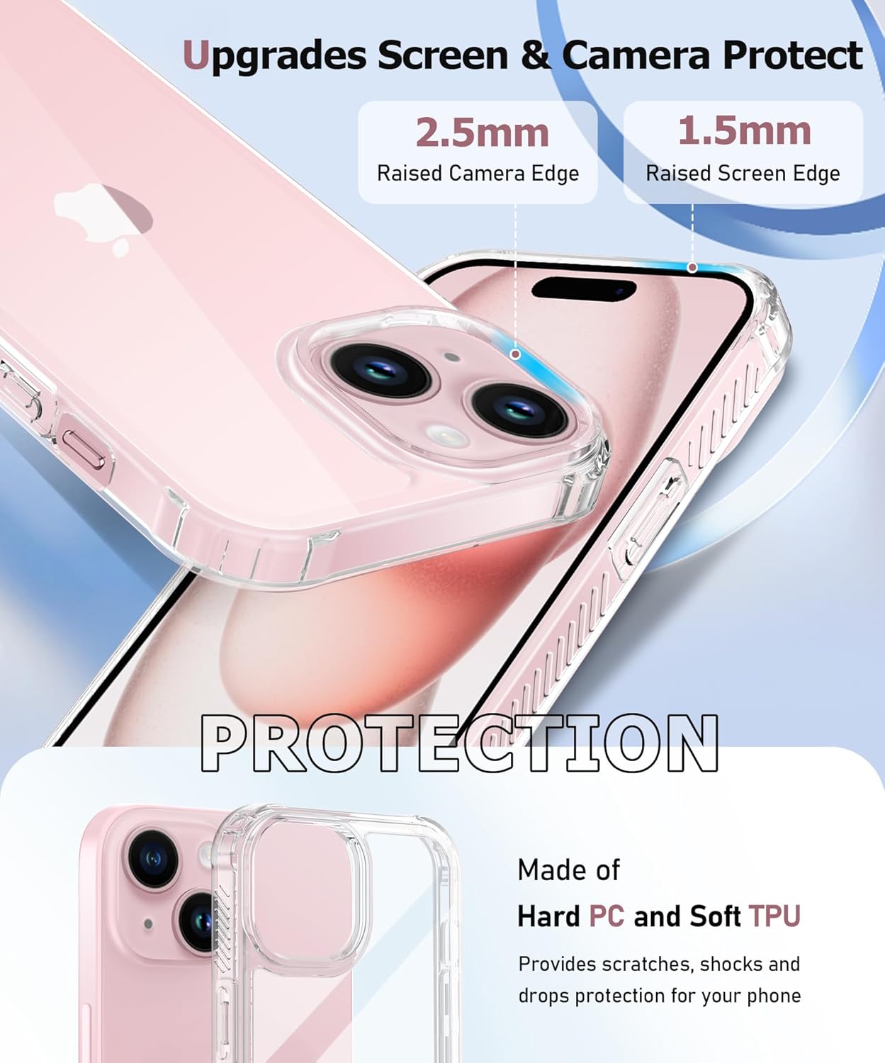 MIODIK Funda compatible con iPhone 15 Plus con 2 protectores de pantalla + 2 protectores de lente de cámara, no amarillenta funda transparente con