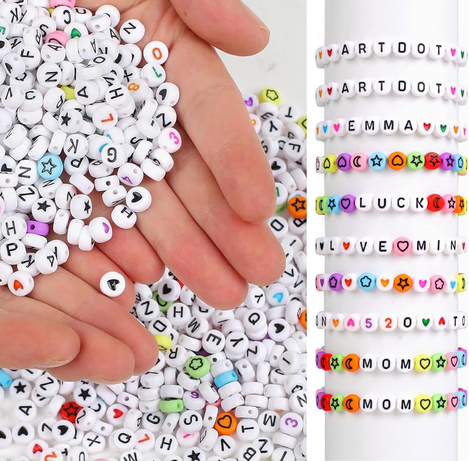 1300 cuentas de letras, cuentas de pulsera acrílicas, cuentas de letras oblatas para pulseras, números coloridos, estrellas, luna, amor, alfabeto,
