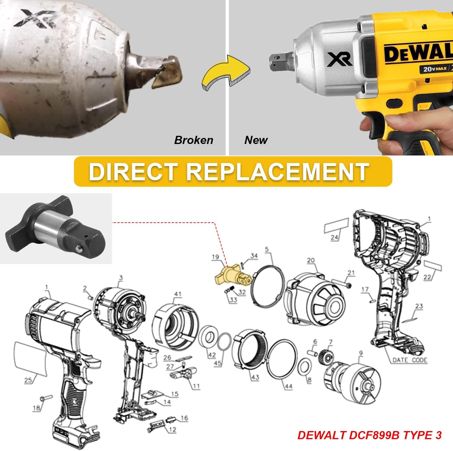 N415874 – Conjunto de repuesto de yunque de 12 para llave de impacto inalámbrica Dewalt DCF899 DCF899B DCF899M1 DCF899P1 DCF899P1 DCF899P2, no para