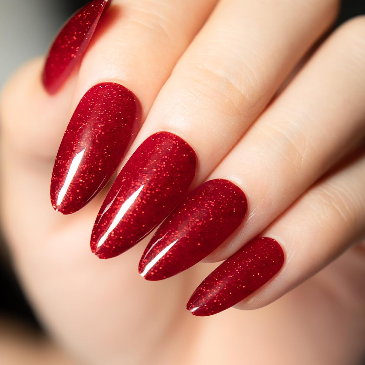 KKUUOO Uñas postizas a presión de ojo de gato, color rojo vino, uñas postizas medianas a presión con purpurina, uñas acrílicas brillantes de