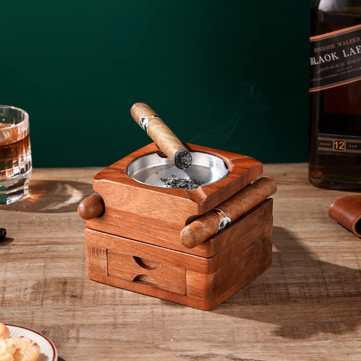 Cenicero de cigarros de regalo Cenicero de madera con bandeja de vidrio para whisky, bandeja de ceniza de madera, forro interior de acero inoxidable