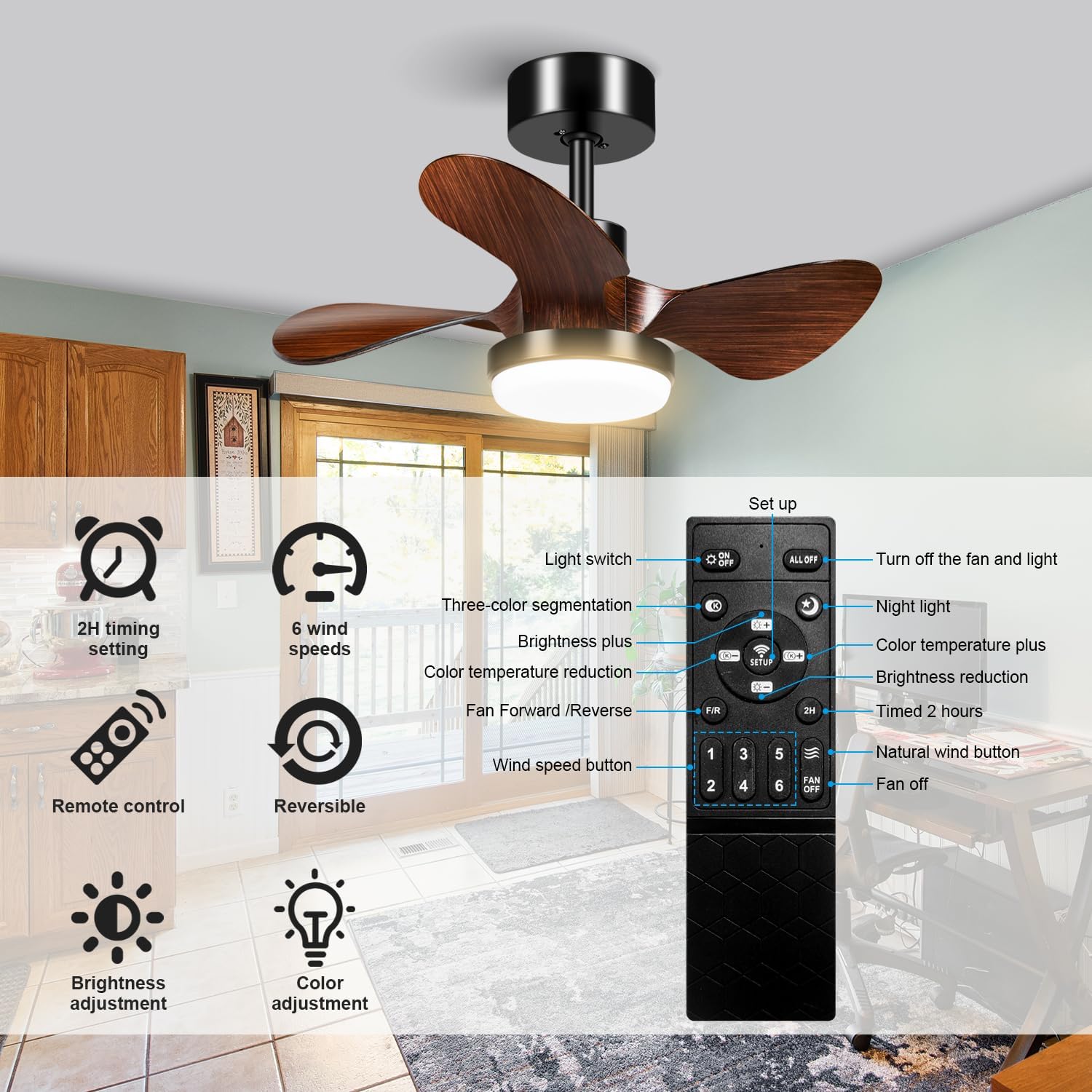 Ventilador de techo de habitación pequeña de 25 pulgadas con luz, ventilador de techo moderno de perfil bajo regulable de 3 aspas con luz y control