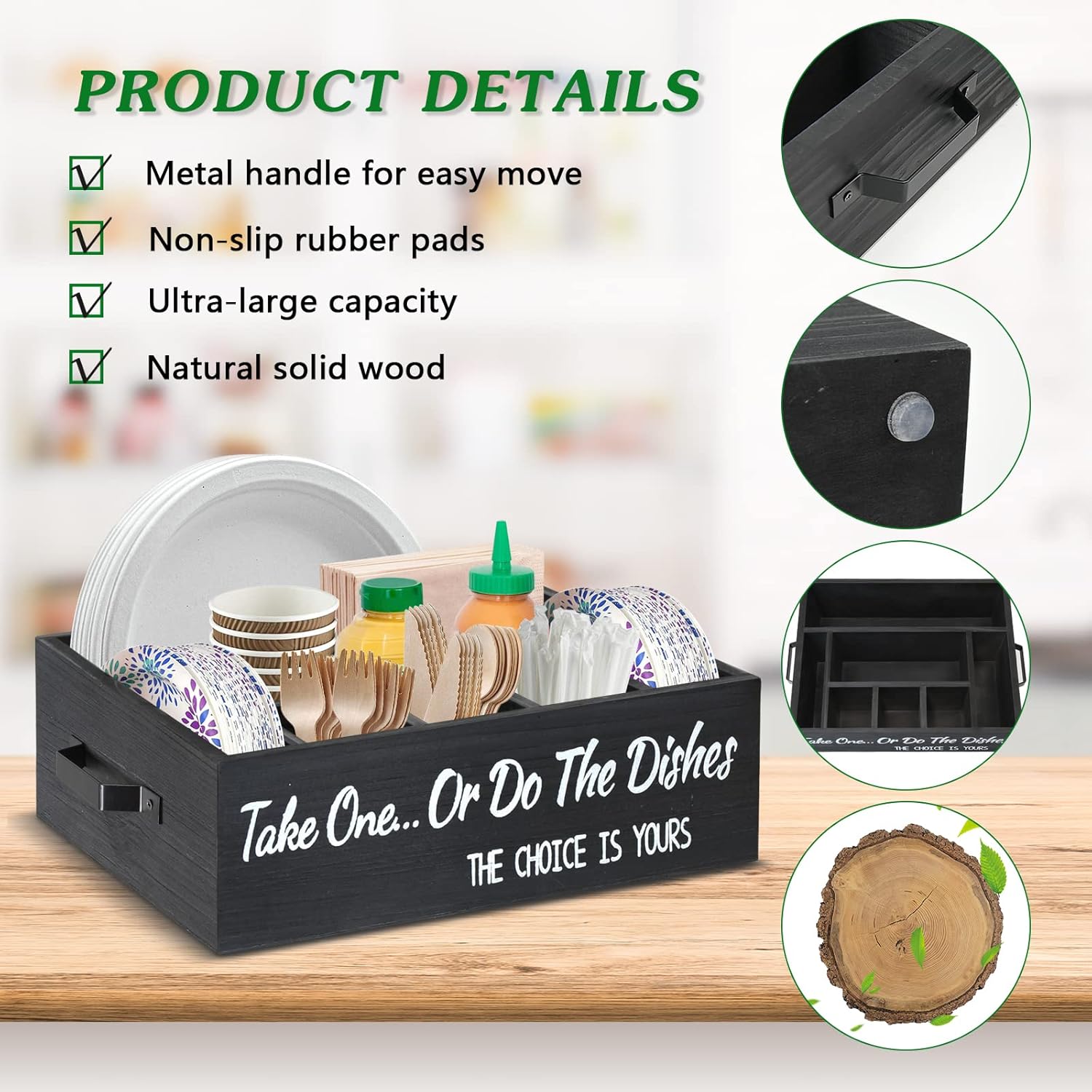 Soporte para platos de papel para encimera de cocina, organizador de utensilios de madera, para platos, tazas, tenedores, cuchillos, cuchara,