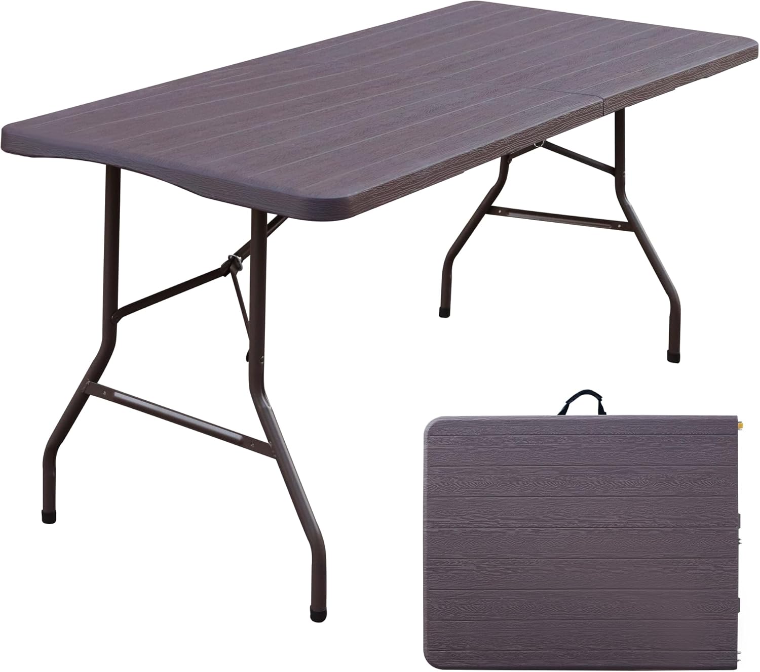 Foldable Table, Plastic 6FT Folding Table, Indoor Outdoor Protable Utility Table with Handle for Party, Camping and Picnic, Brown