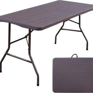 Foldable Table, Plastic 6FT Folding Table, Indoor Outdoor Protable Utility Table with Handle for Party, Camping and Picnic, Brown Foldable Table, Plastic 6FT Folding Table, Indoor Outdoor Protable Utility Table with Handle for Party, Camping and Picnic, Brown