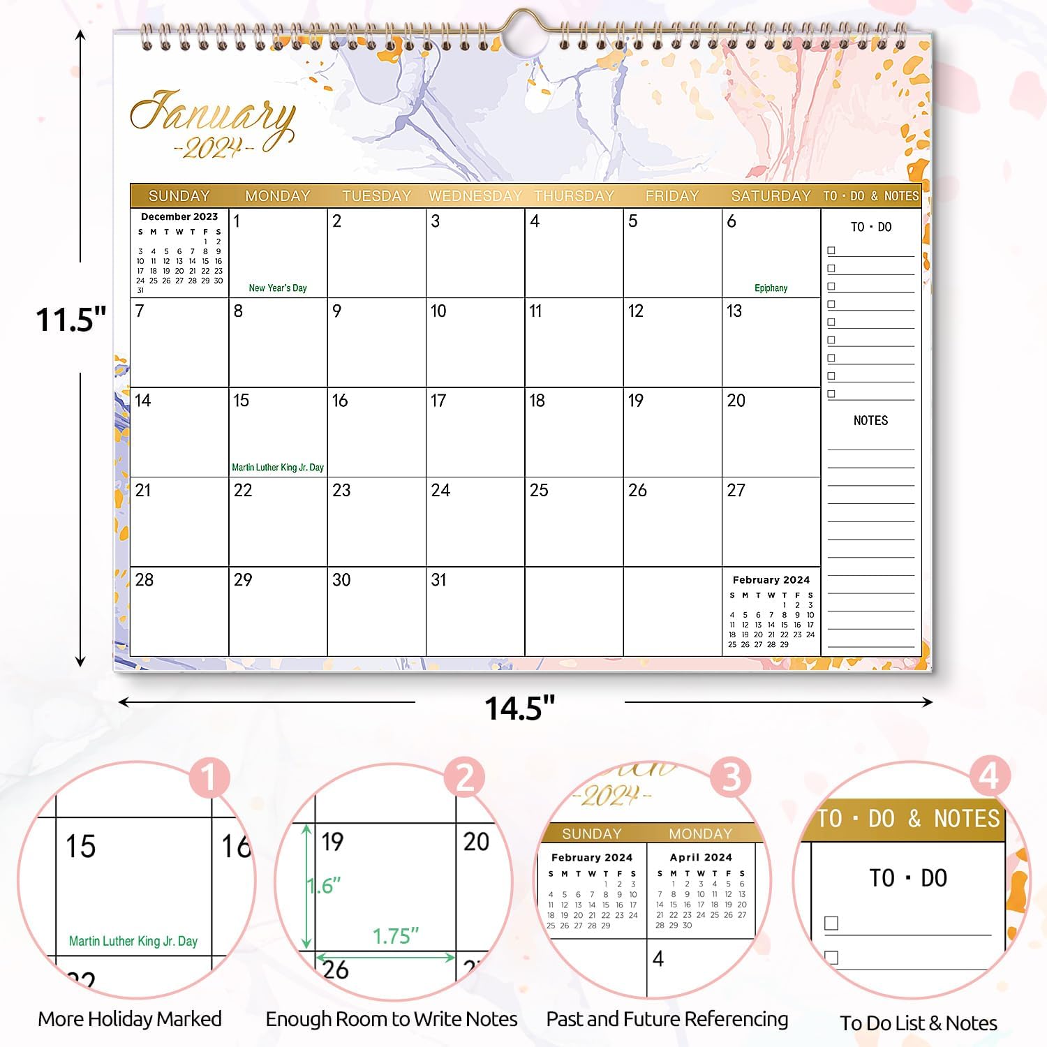 SKYDUE Calendario de pared 2024, 14.5 x 11.5 pulgadas, calendario 2024 encuadernado en espiral, enero de 2024 a junio de 2025, 6 diseños estéticos,
