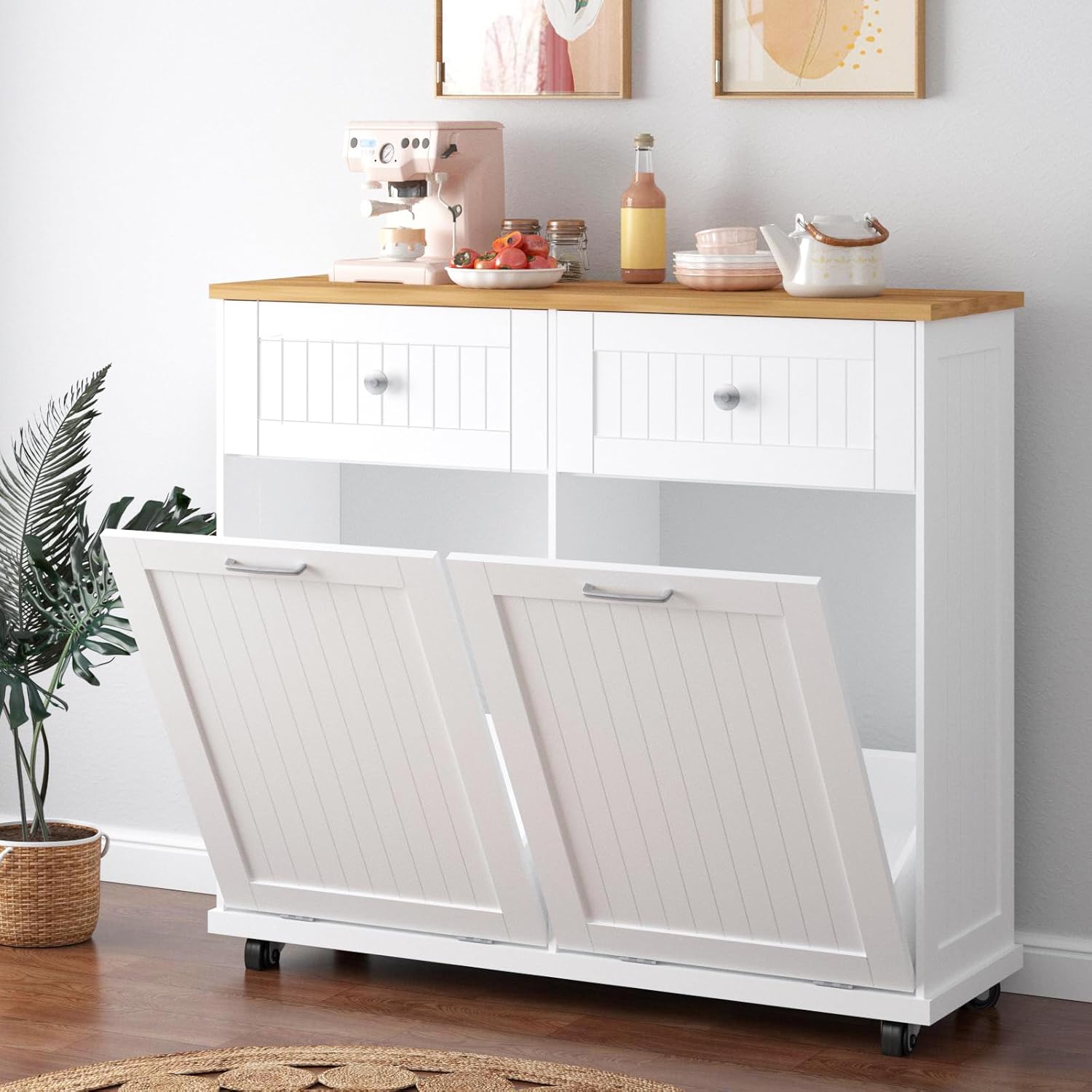 Armario de basura de doble inclinación de 20 galones, armario de reciclaje de basura de madera independiente con cajón y ruedas, gabinete de basura