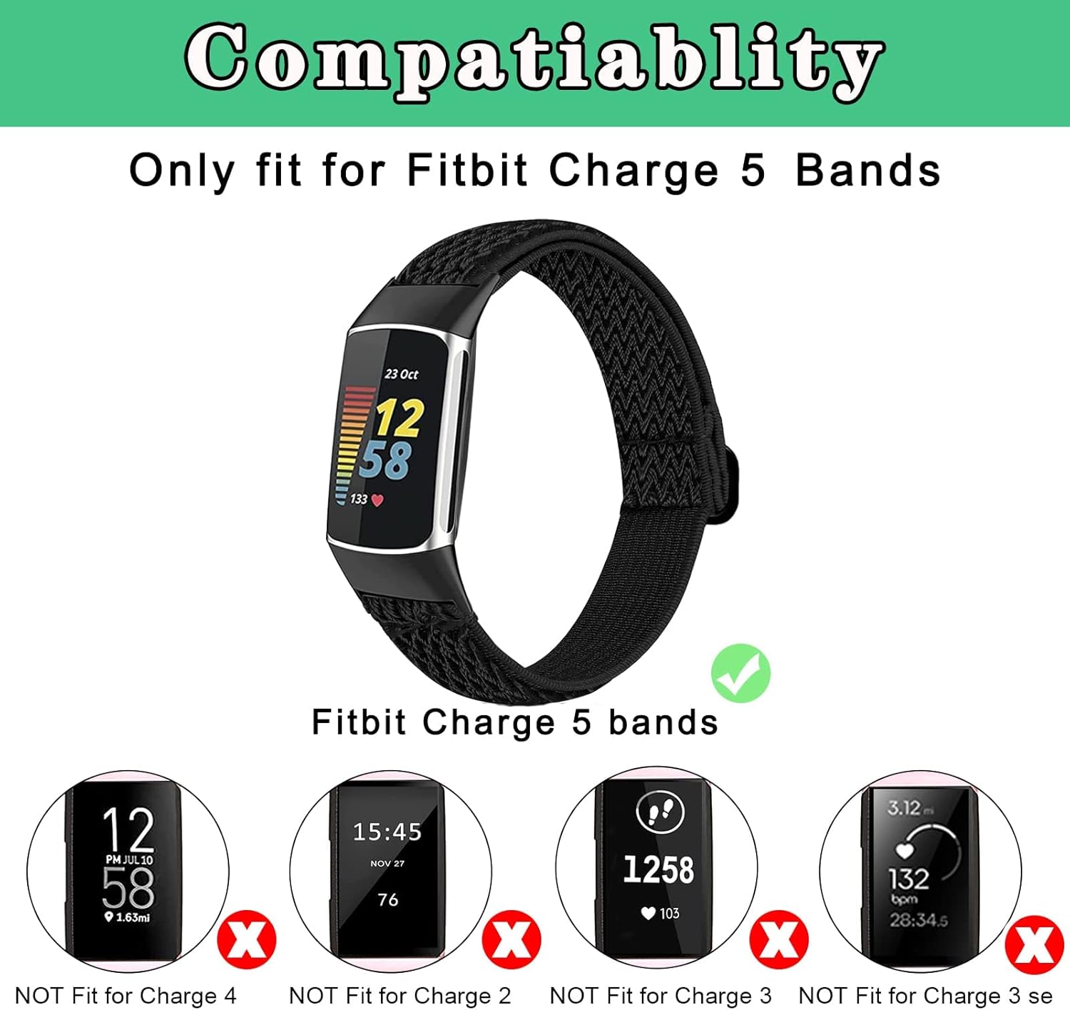 Paquete de 4 bandas elásticas compatibles con Fitbit Charge 56, reloj inteligente de fitness, correas de repuesto elásticas ajustables de nailon
