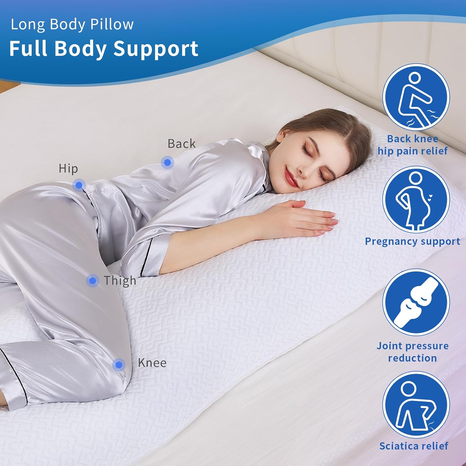 Almohada corporal para adultos, almohada larga para cama, almohadas de cuerpo completo para dormir, 20 x 54 pulgadas, espuma viscoelástica triturada