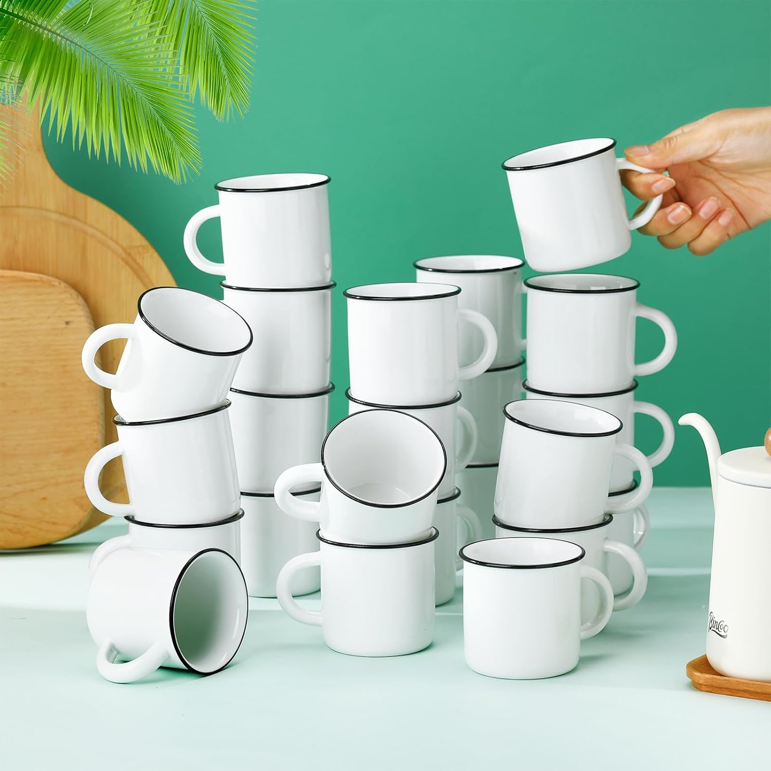 Uiifan 24 tazas de café blancas de cerámica a granel para el hogar, viajes, pequeñas tazas de camping portátiles, tazas vintage de espresso con asa,