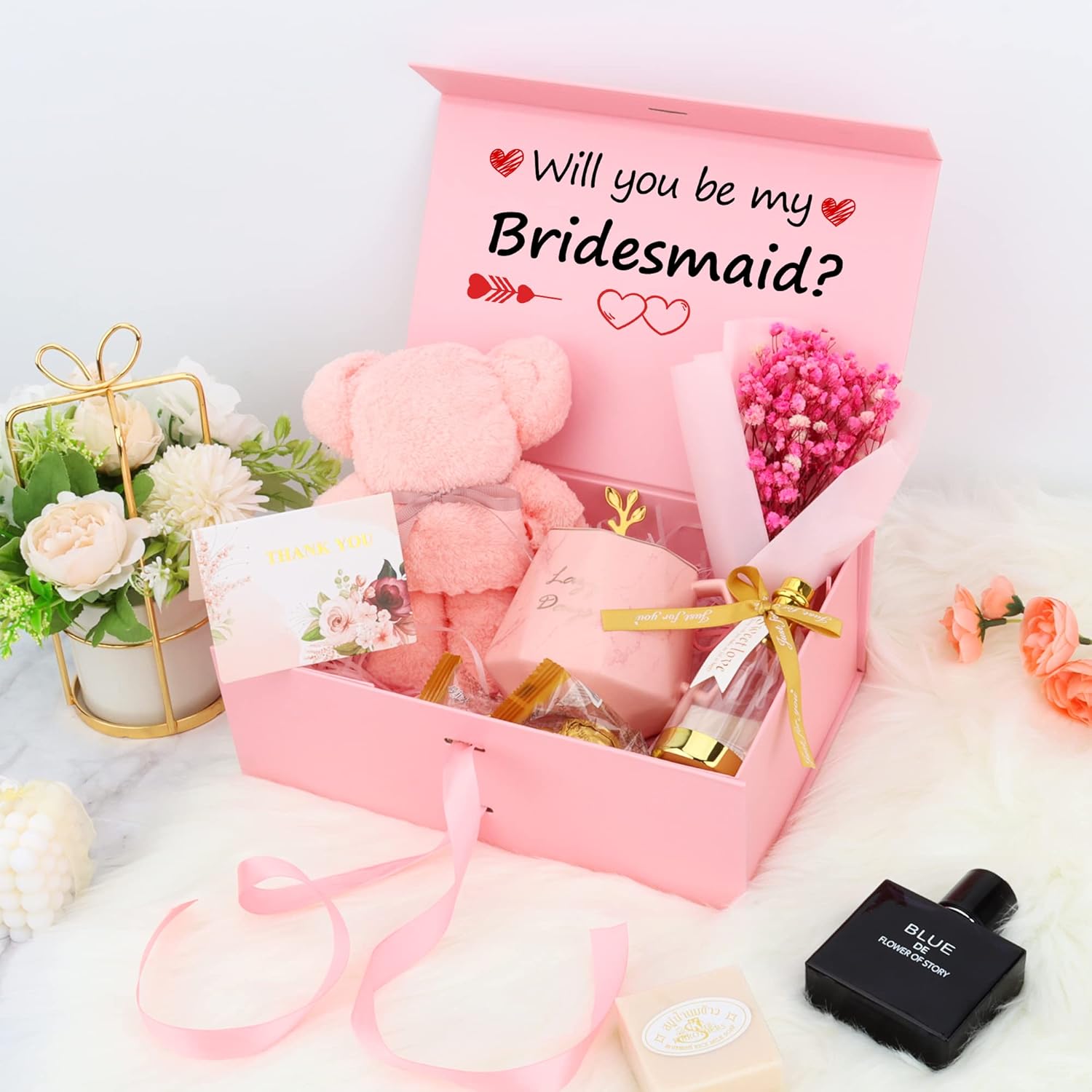 Younik Caja de regalo de lujo de 7.8 x 7 x 3.2 pulgadas, caja de dama de honor para padrinos de boda, pequeña caja de regalo rosa para graduación,
