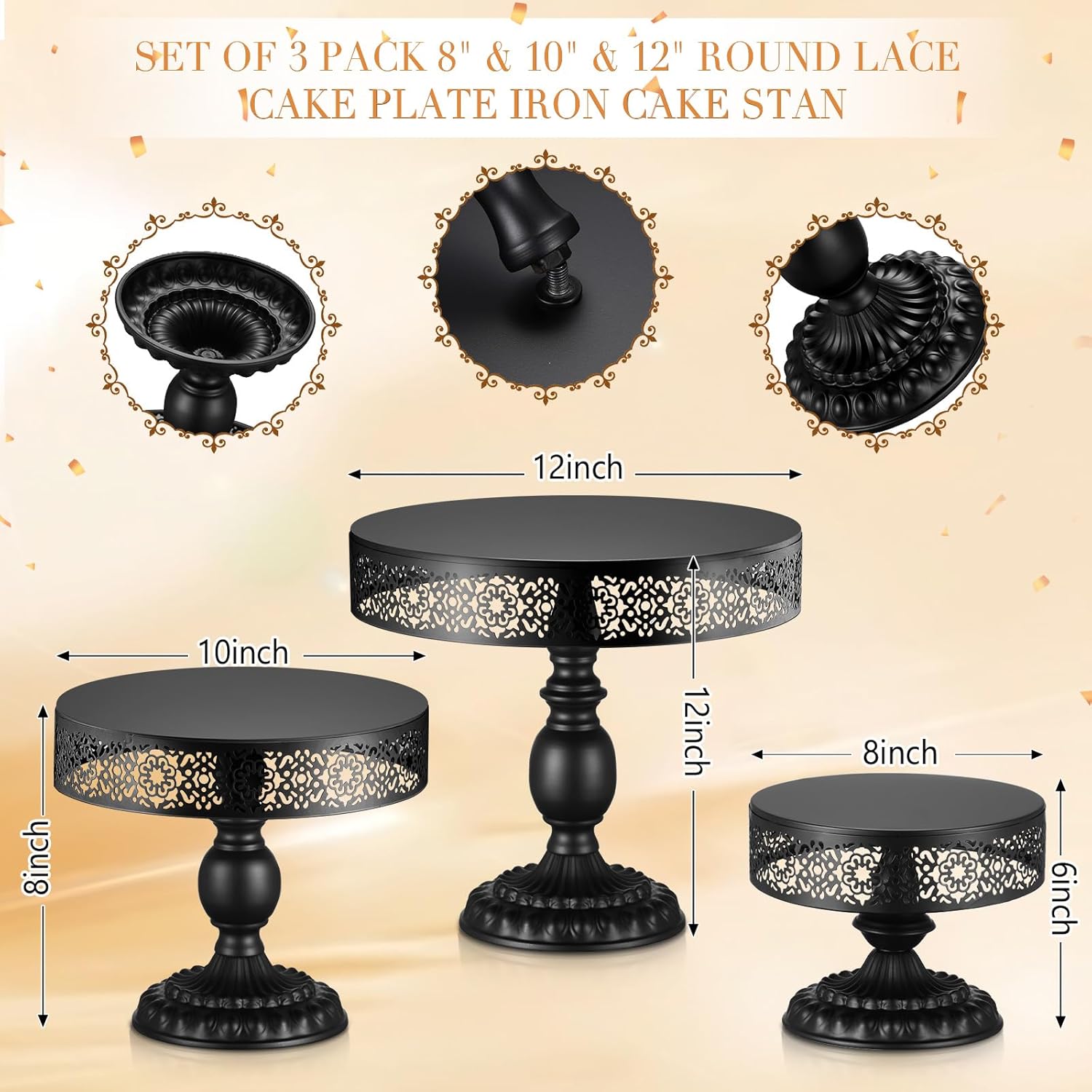 3 soportes de metal para tartas de 8, 10, 12 pulgadas, soporte redondo para tartas, juego de mesa de postre, decoración de mesa de pasteles, soporte
