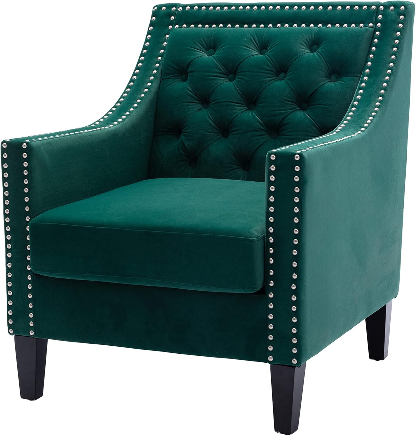 Accent Chairs – Silla decorativa de terciopelo moderna de mediados de siglo con cabezas de clavos, silla de sala de estar con patas de madera