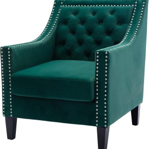 Accent Chairs – Silla decorativa de terciopelo moderna de mediados de siglo con cabezas de clavos, silla de sala de estar con patas de madera Accent Chairs – Silla decorativa de terciopelo moderna de mediados de siglo con cabezas de clavos, silla de sala de estar con patas de madera