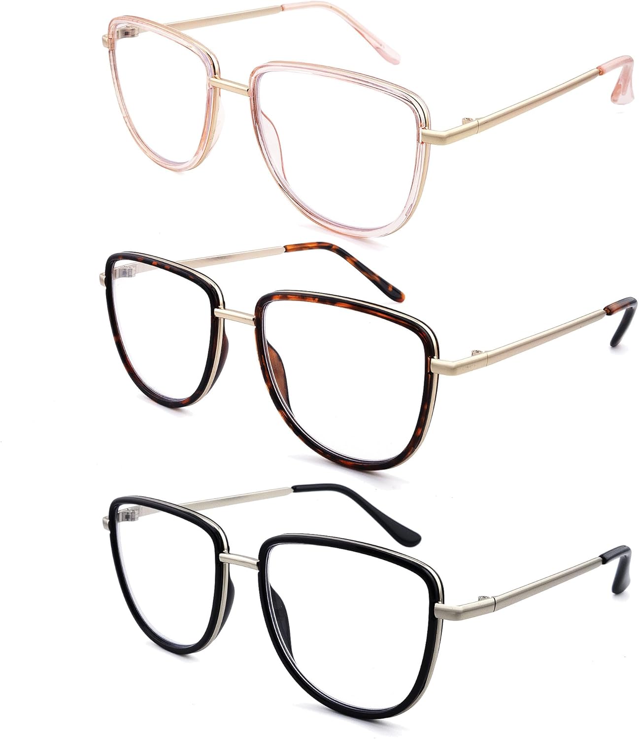 Paquete de 3 lentes de lectura modernos TR90 de gran tamaño para mujer, elegantes anteojos cuadrados ovalados no polarizados