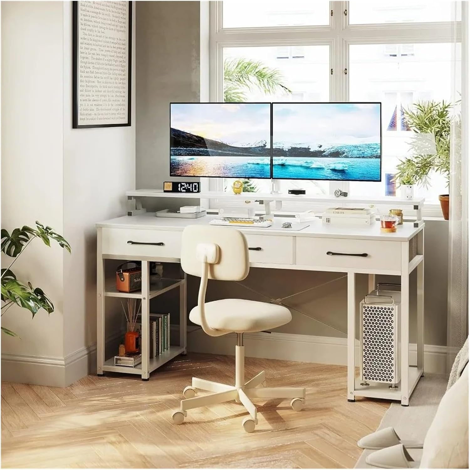 Escritorio para computadora con cajones y estantes de almacenamiento, escritorio de oficina en casa de 55 pulgadas con soporte para monitor, estudio