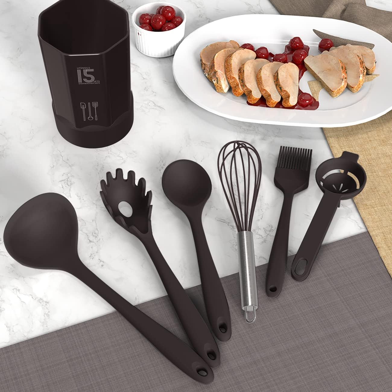 Juego de utensilios de cocina de silicona  446 F resistentes al calor utensilios de cocina, pinzas giratorias, espátula, cuchara, cepillo, batidor,