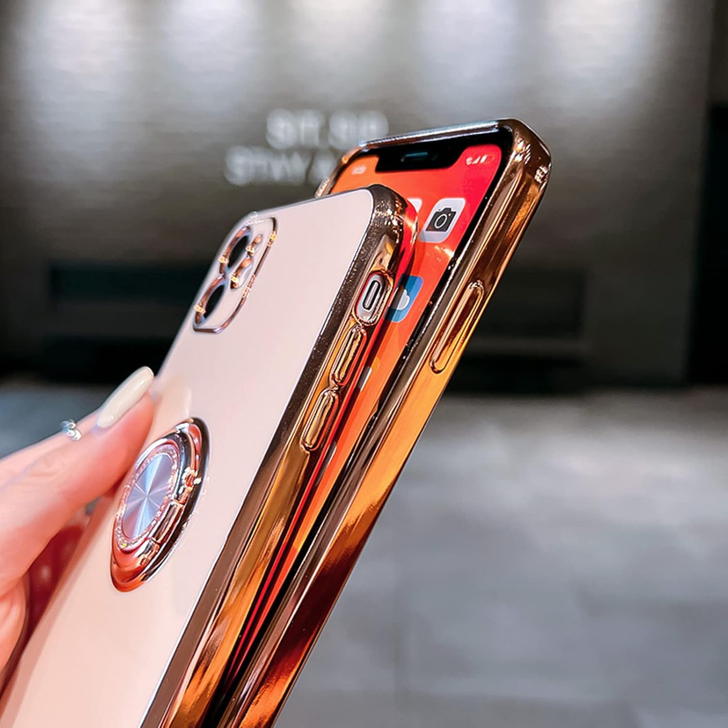 Funda para iPhone 15 Plus con soporte de anillo con chapado de diamante brillante, borde de oro rosa integrado, soporte magnético de rotación 360