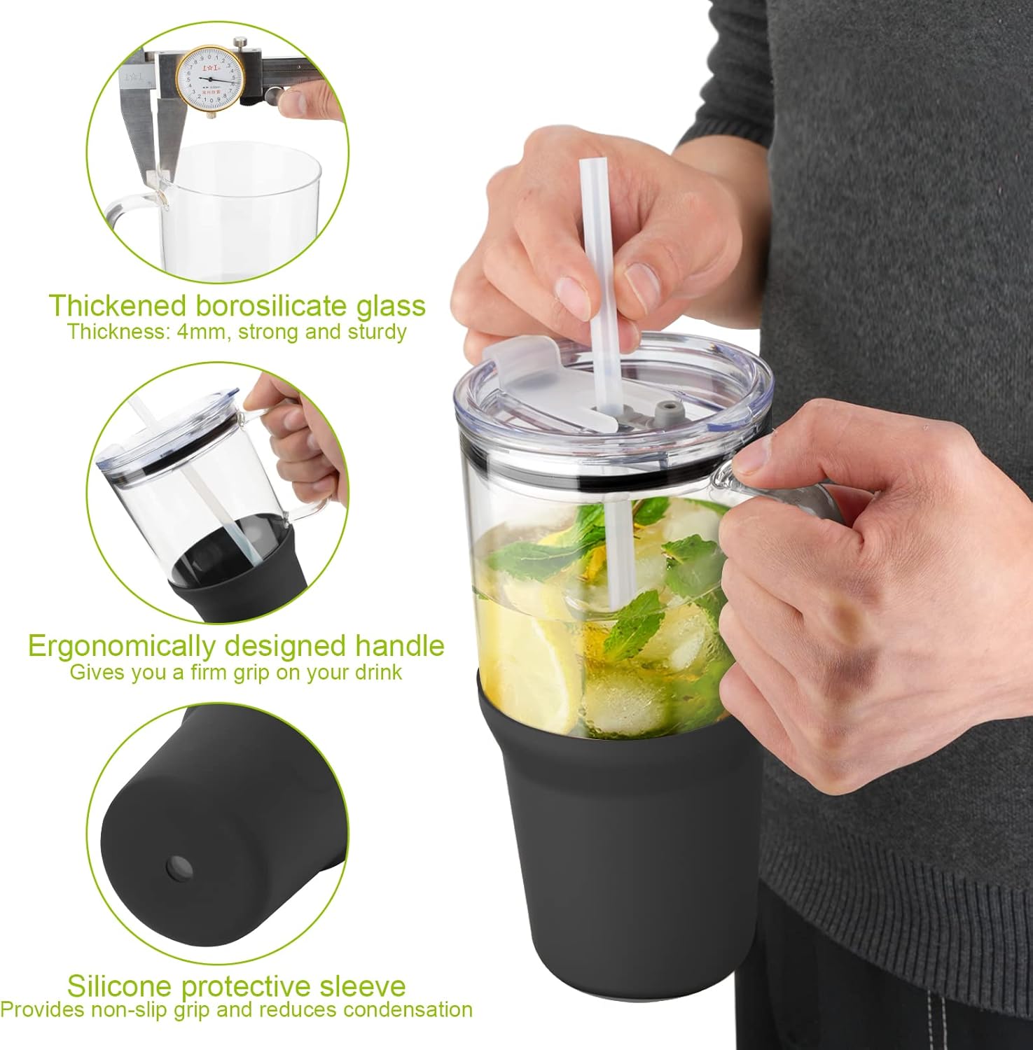 Zenbo Vaso de vidrio con tapa y popote, taza de café helado de 32 onzas con asa, botellas de agua de vidrio con funda de silicona, taza de vidrio