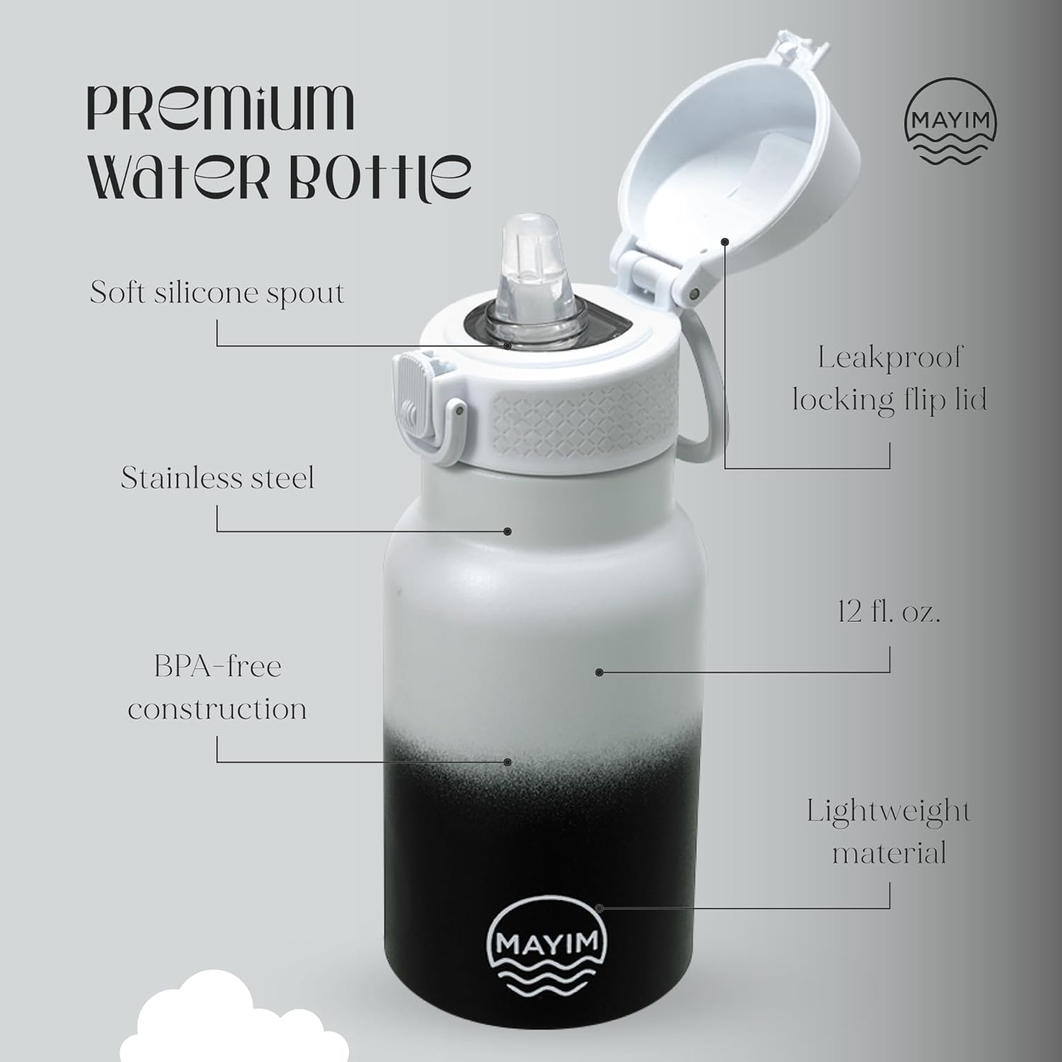 Botella de agua de acero inoxidable a prueba de fugas para niños con tapa abatible y boquilla de bloqueo, 12 onzas, blanco y negro