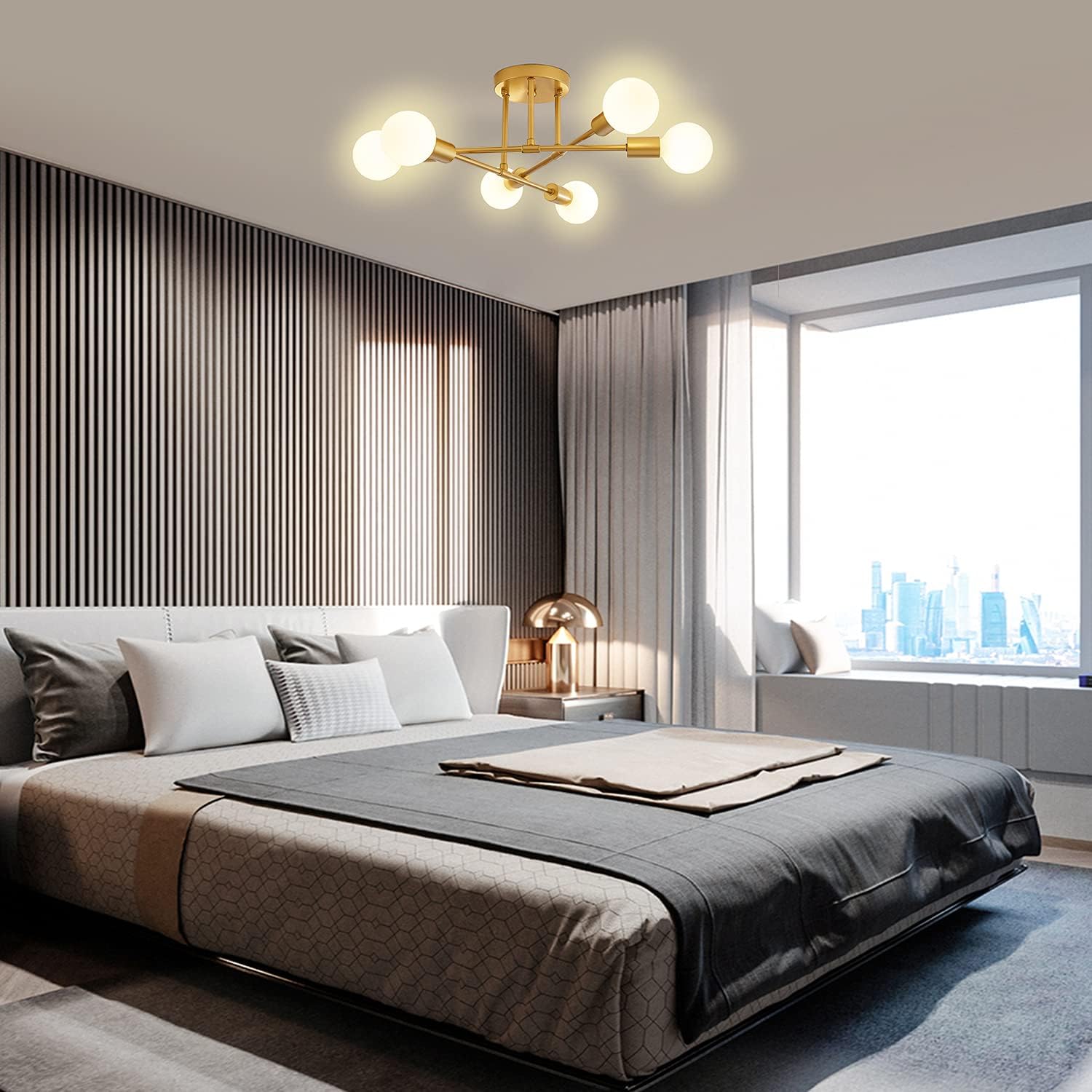 Surpars House Lámpara de techo moderna, lámpara Sputnik de 6 luces para dormitorio, comedor, sala de estar (dorado)