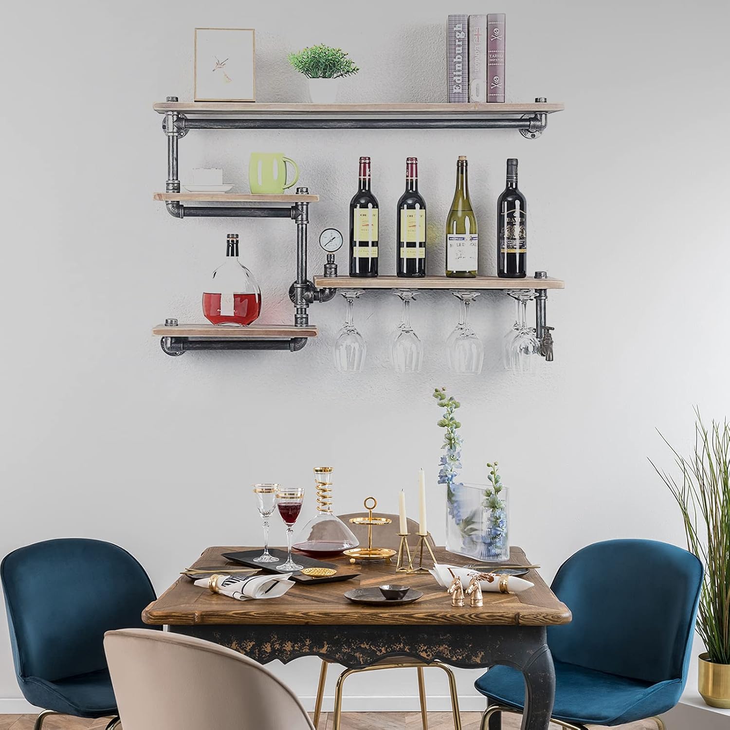 DYRABREST Estante para copas de vino, estante de tubo industrial montado en la pared, soporte para botella de vino, 39.37 pulgadas, estante flotante