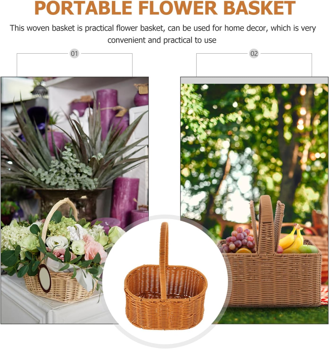 UPKOCH Cesta de picnic, cesta de almacenamiento, cesta de frutas, cesta decorativa para flores, cesta tejida a mano, cesta de comestibles de mano,